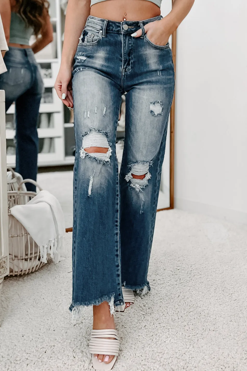 Absolutely Certain High Rise Distressed Risen Wide Leg Jeans (Dark)