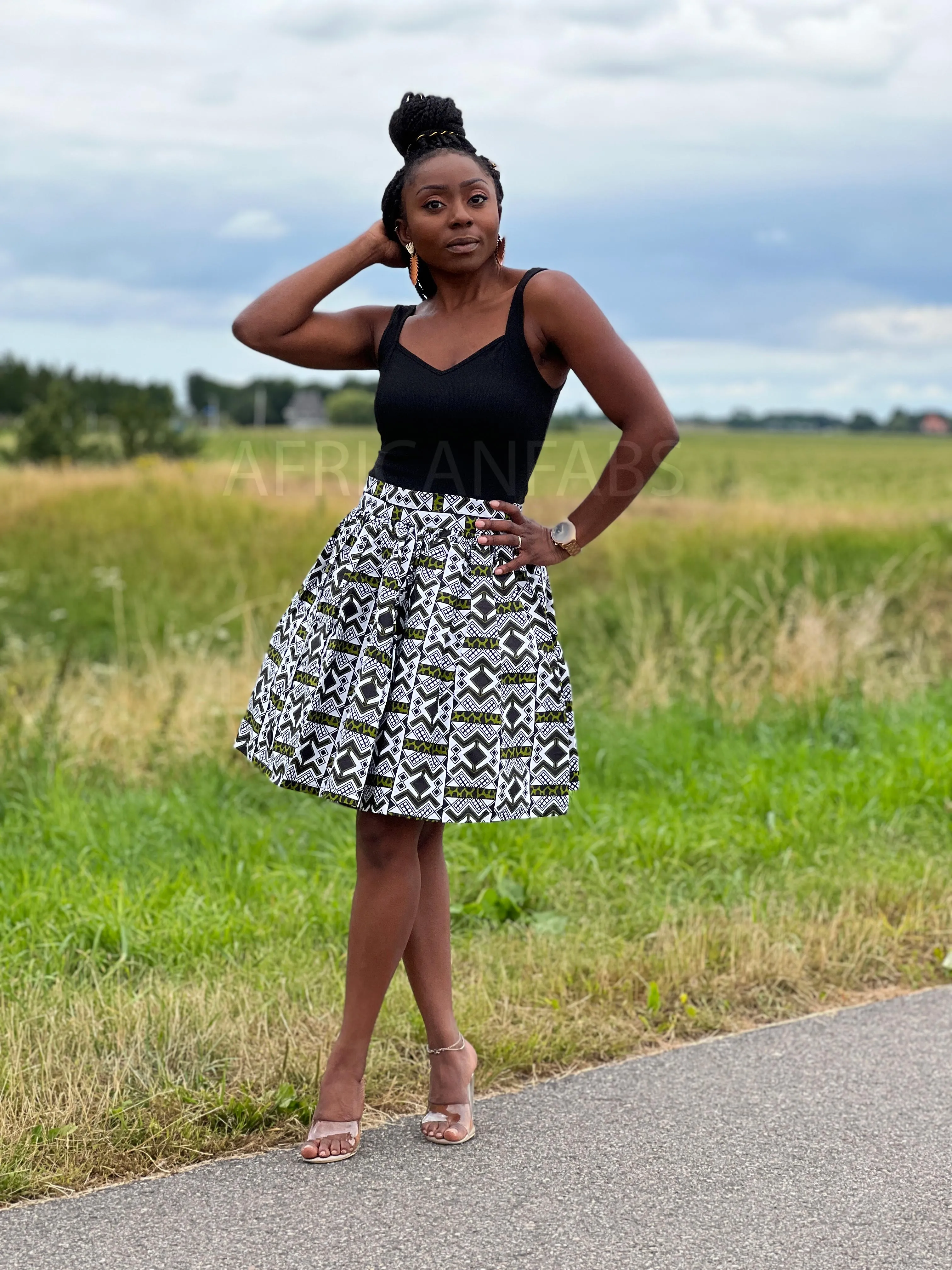 African print mini skirt - White / Green Bogolan / Mud cloth