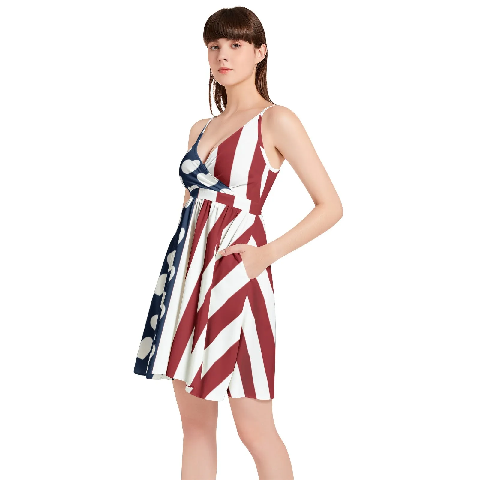 Americana Hearts and Stripes Spaghetti Strap Sleeveless Falred Hem Short Dress