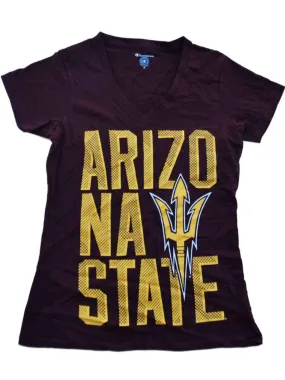 Arizona State Sun Devils Champion Women Maroon Gold Logo V-Neck T-Shirt (M)