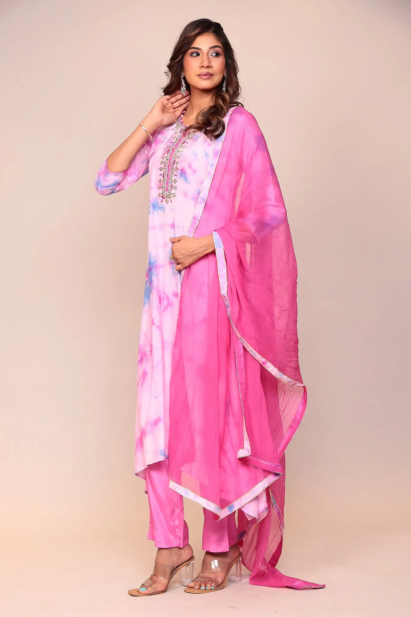 Assymetrical Cut Tie & Dye Silk Kurta Stitched (3Pc) with Gota Patti and Thread Work