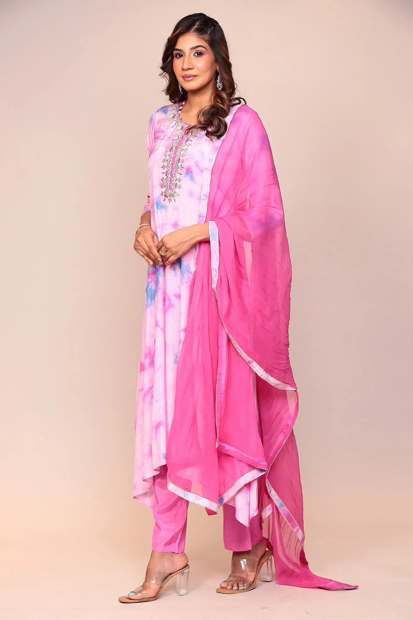 Assymetrical Cut Tie & Dye Silk Kurta Stitched (3Pc) with Gota Patti and Thread Work