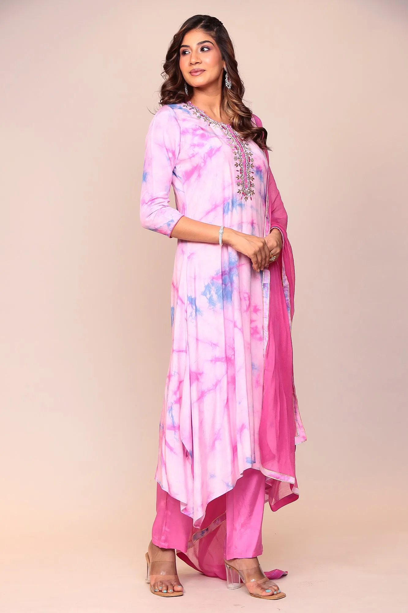 Assymetrical Cut Tie & Dye Silk Kurta Stitched (3Pc) with Gota Patti and Thread Work