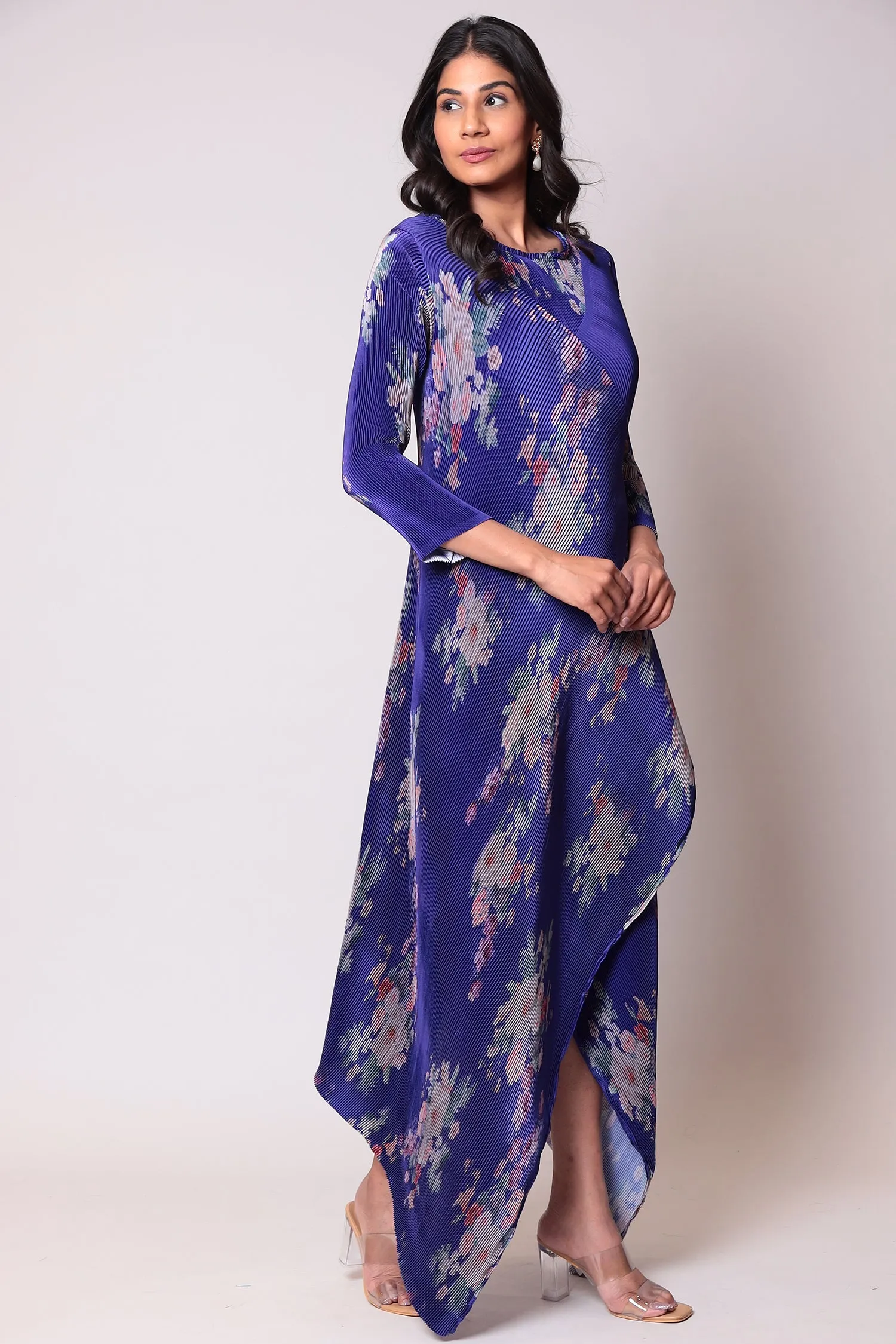 Asymmetrical Cut Printed Satin Suit