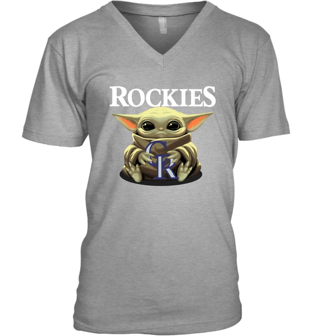 Baby Yoda Hugs Loves The Colorado Rockies Baseball Mens V-Neck T-Shirt