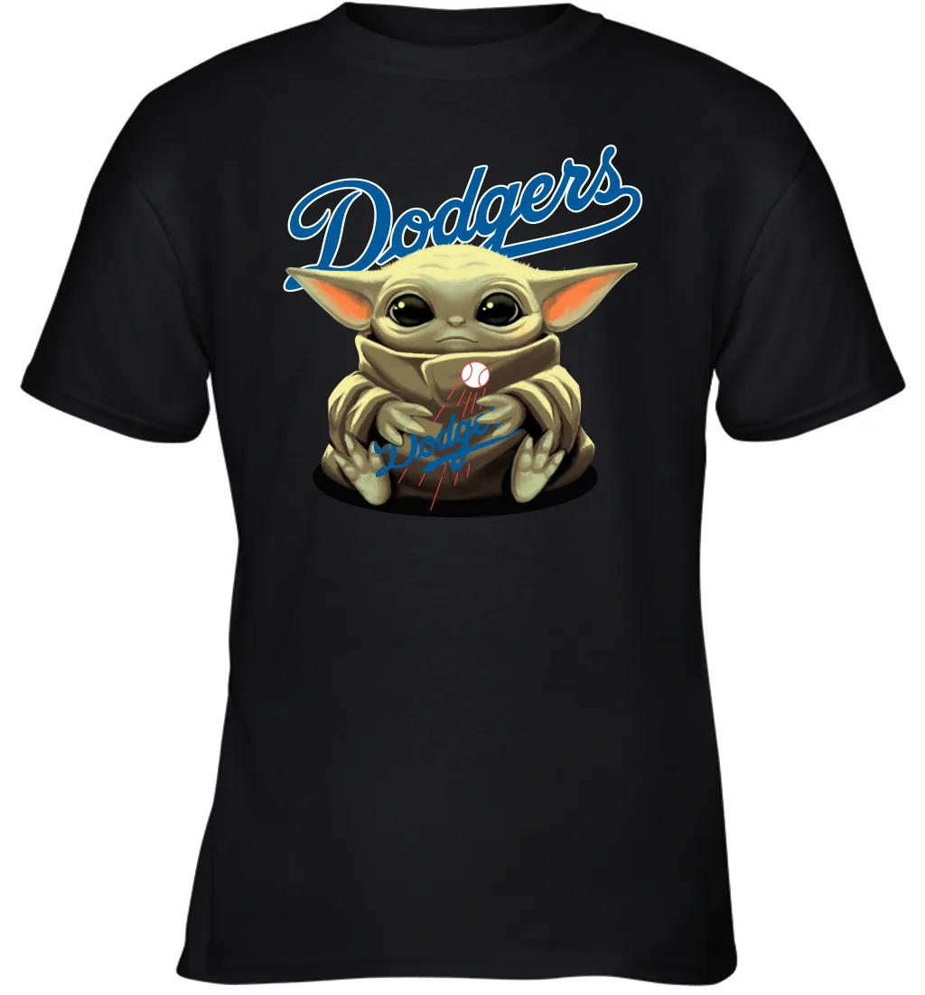 Baby Yoda Hugs Loves The Los Angeles Dodgers Baseball Youth T-Shirt