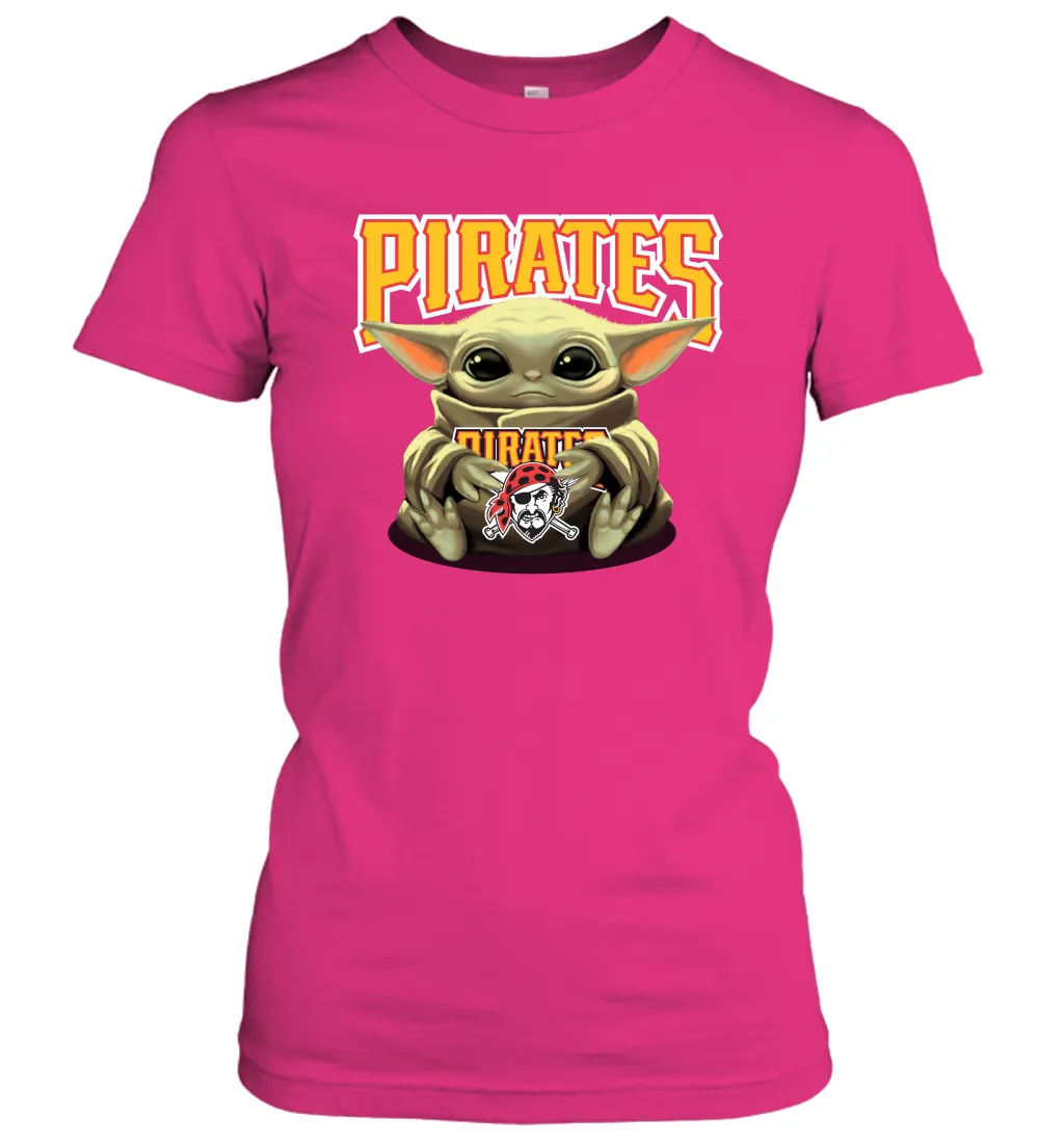 Baby Yoda Hugs Loves The Pittsburgh Pirates Baseball Womens T-Shirt