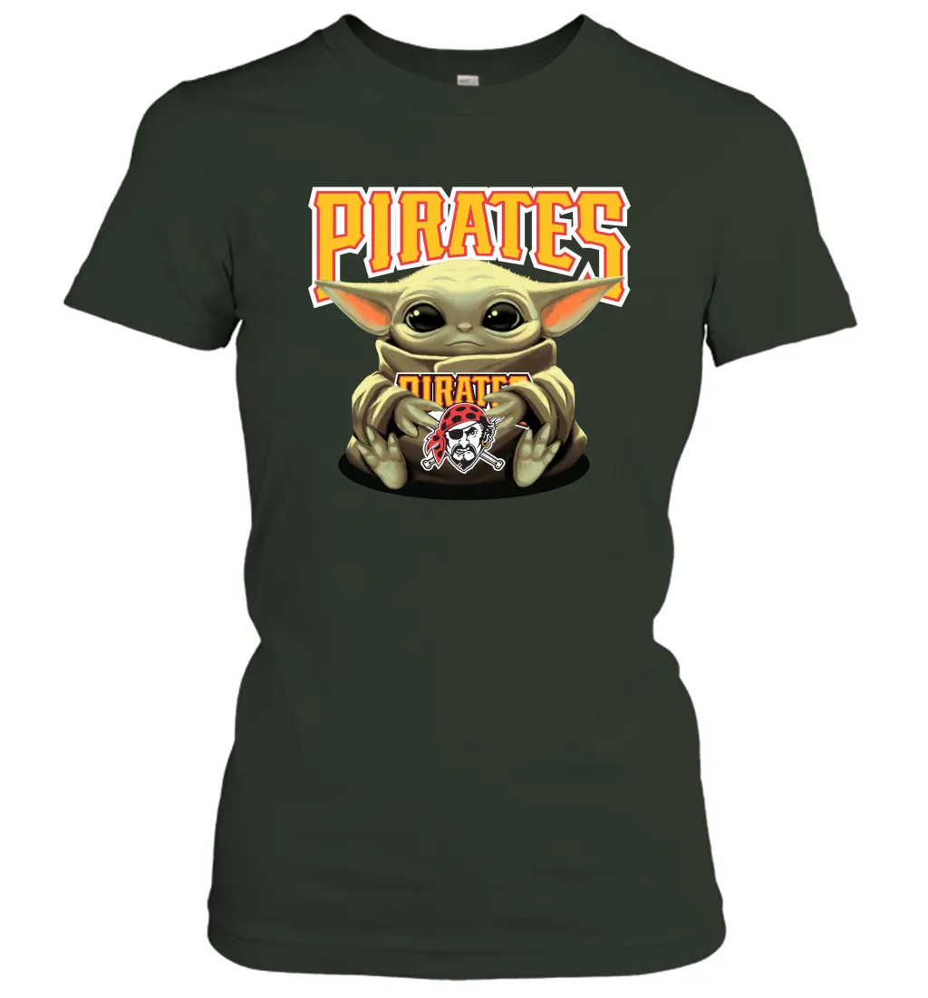 Baby Yoda Hugs Loves The Pittsburgh Pirates Baseball Womens T-Shirt