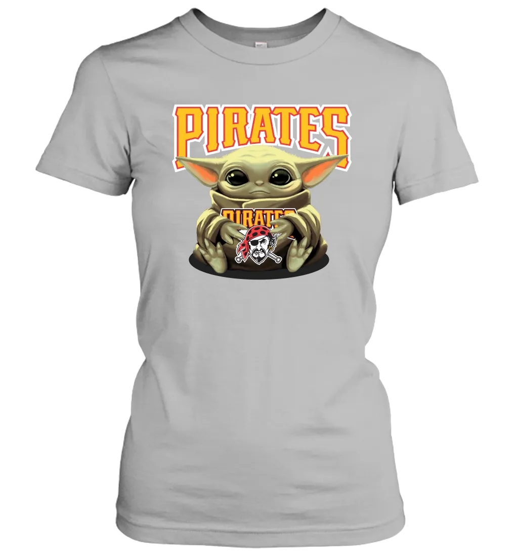 Baby Yoda Hugs Loves The Pittsburgh Pirates Baseball Womens T-Shirt