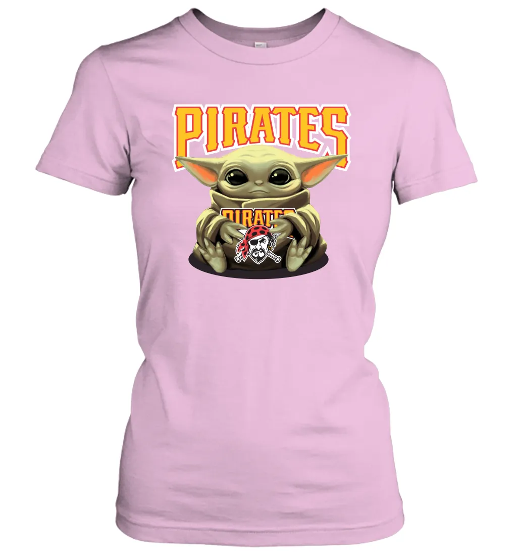 Baby Yoda Hugs Loves The Pittsburgh Pirates Baseball Womens T-Shirt