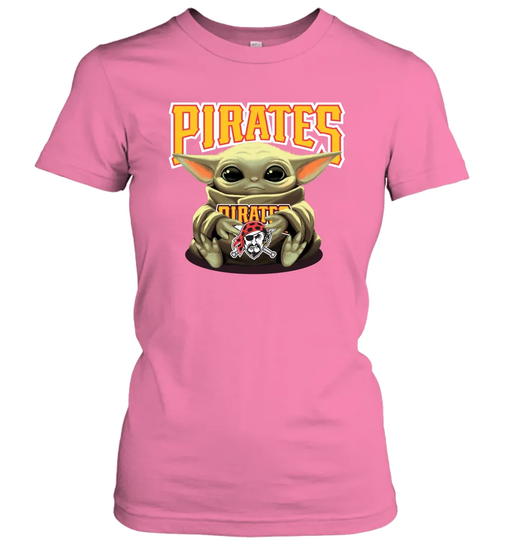 Baby Yoda Hugs Loves The Pittsburgh Pirates Baseball Womens T-Shirt