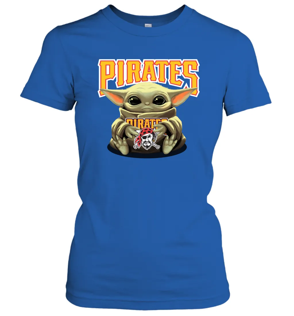 Baby Yoda Hugs Loves The Pittsburgh Pirates Baseball Womens T-Shirt