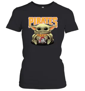 Baby Yoda Hugs Loves The Pittsburgh Pirates Baseball Womens T-Shirt