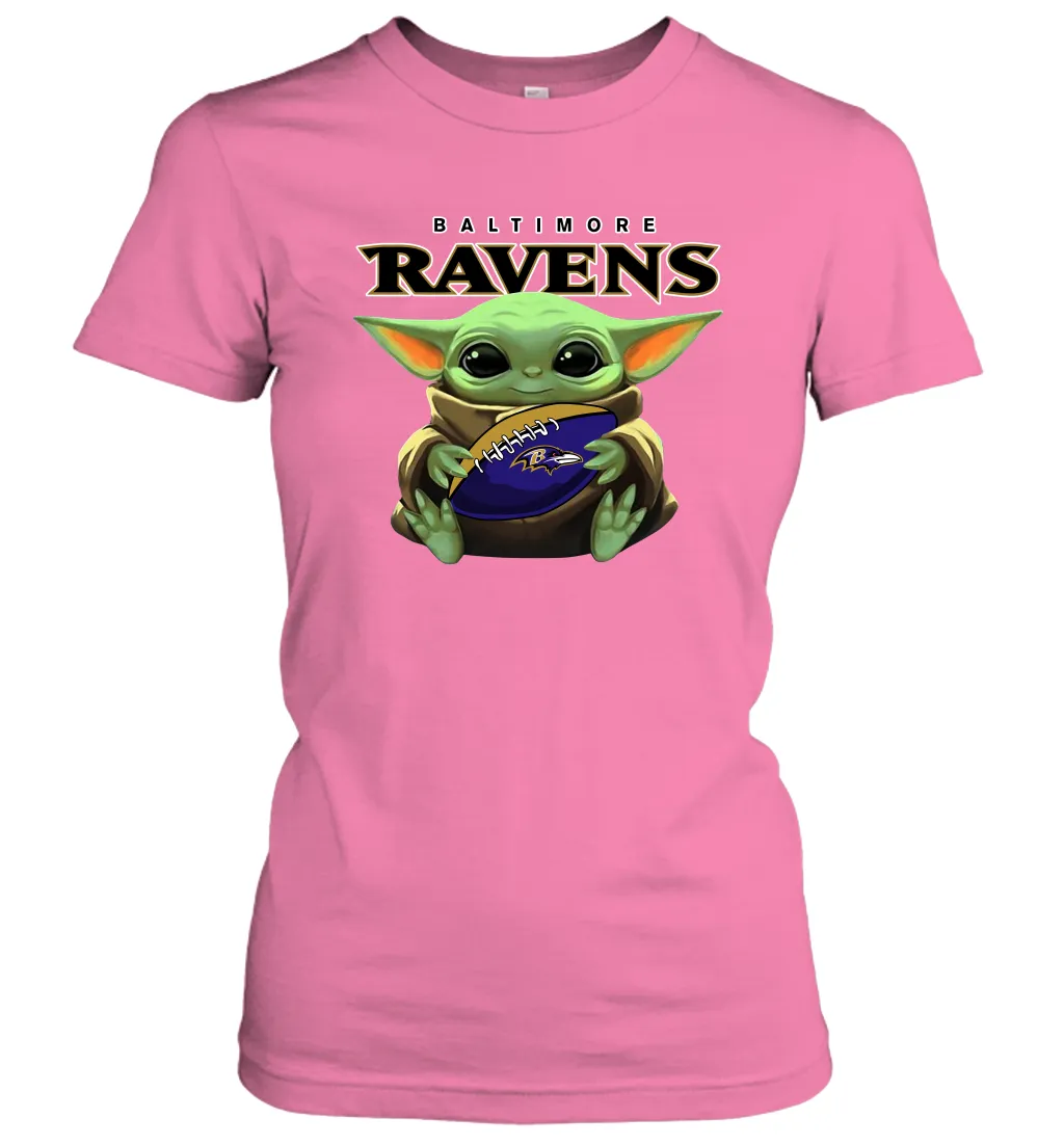 Baby Yoda Loves The Baltimore Ravens Star Wars Baby Yoda Hugs Ravens NFL Womens T-Shirt