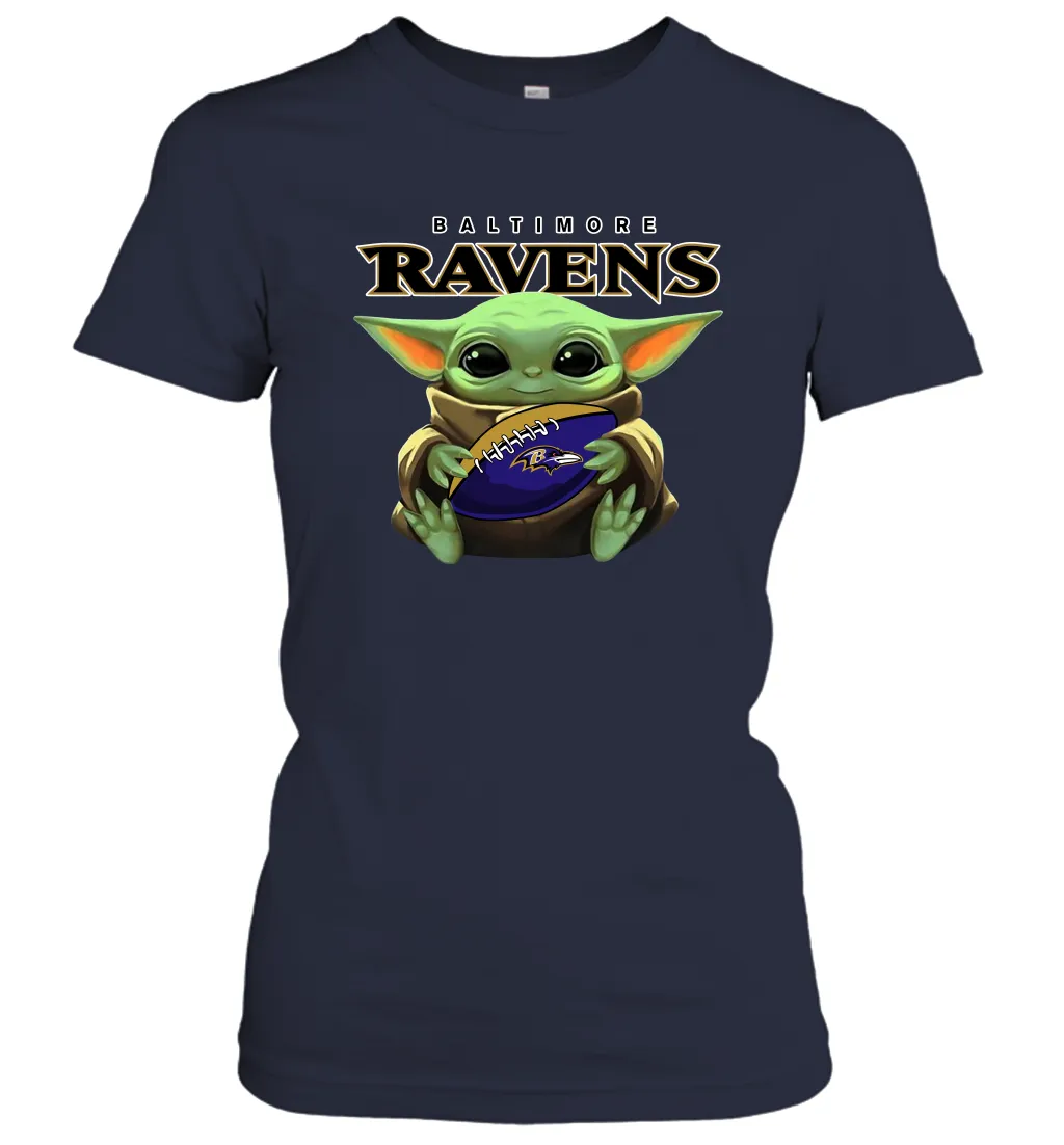 Baby Yoda Loves The Baltimore Ravens Star Wars Baby Yoda Hugs Ravens NFL Womens T-Shirt