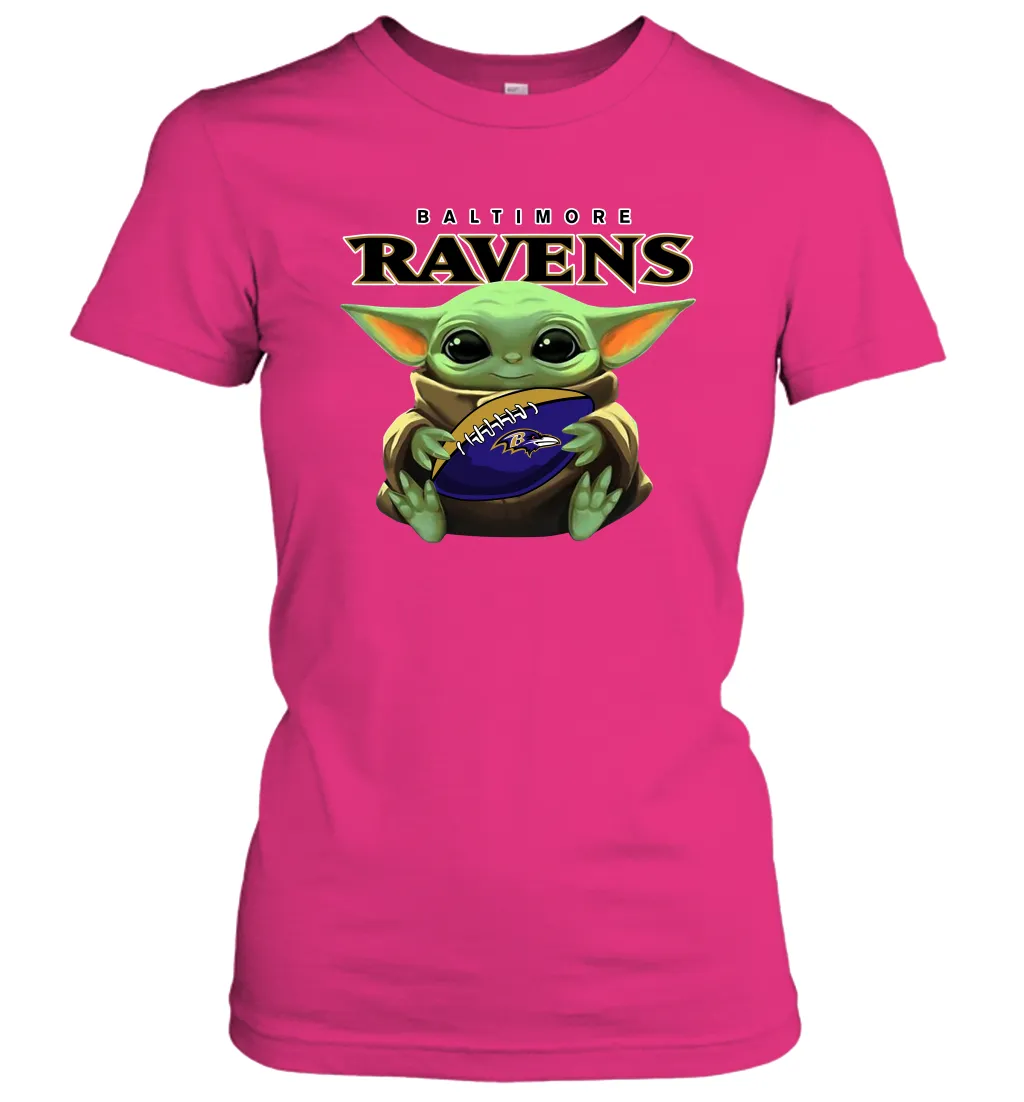 Baby Yoda Loves The Baltimore Ravens Star Wars Baby Yoda Hugs Ravens NFL Womens T-Shirt