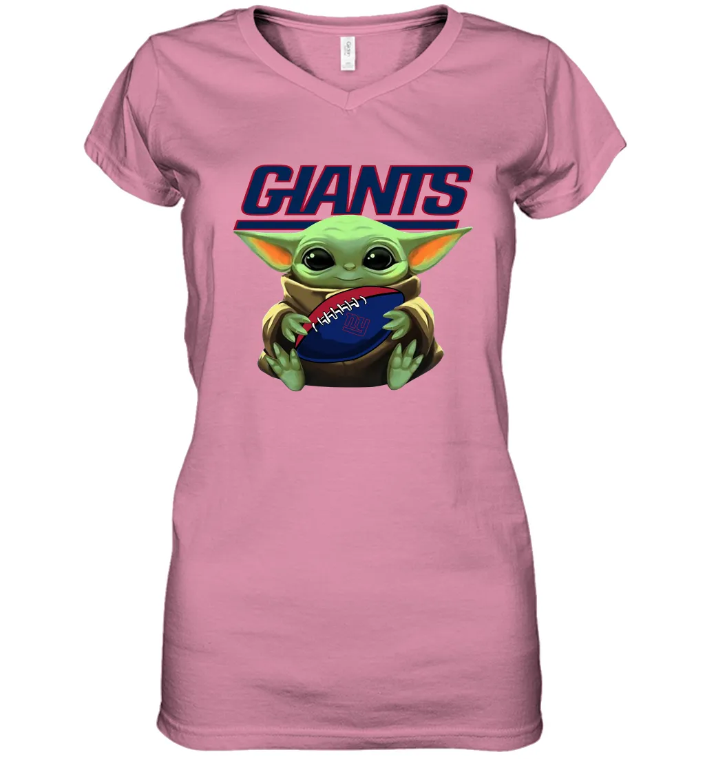 Baby Yoda Loves The New York Giants Star Wars Baby Yoda Hugs Giants NFL Womens V-Neck T-Shirt