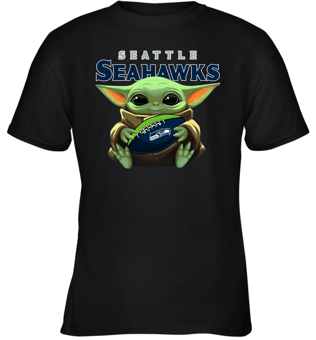 Baby Yoda Loves The Seattle Seahawks Star Wars Baby Yoda Hugs Seahawks NFL Youth T-Shirt