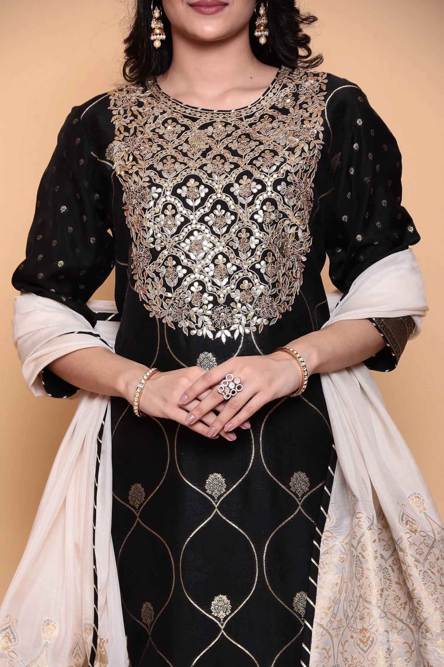 Banarasi Dola Silk Suit with Gota, Zari work.