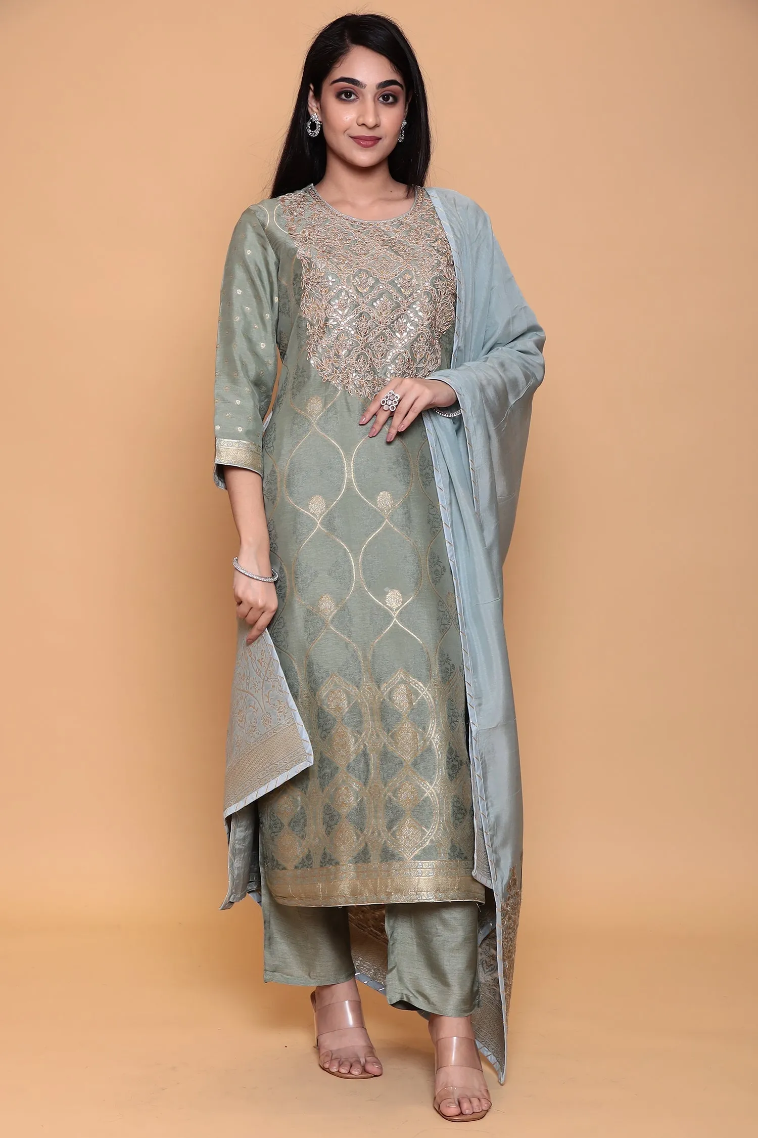 Banarasi Dola Silk Suit with Gota, Zari work.