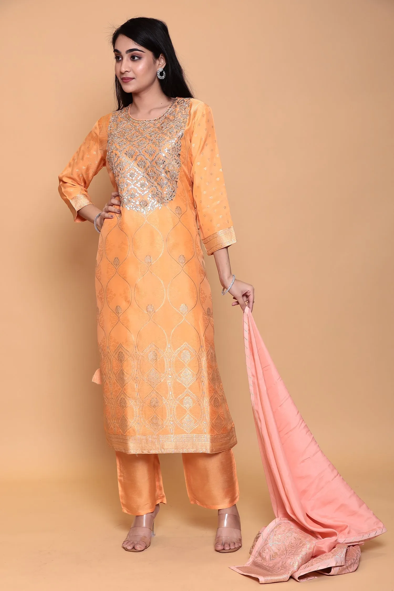 Banarasi Dola Silk Suit with Gota, Zari work.