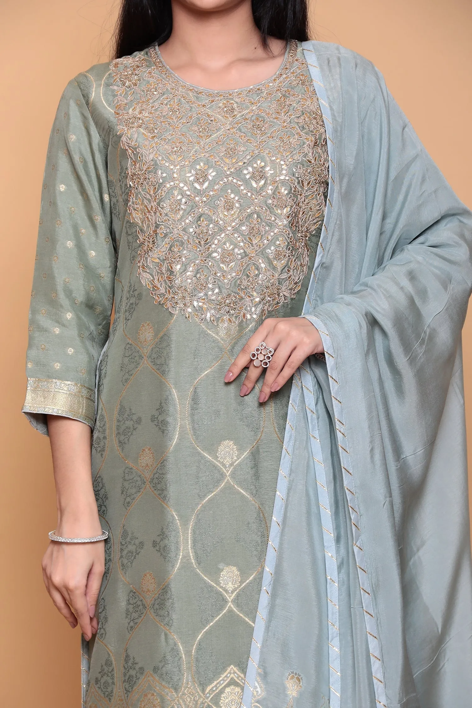 Banarasi Dola Silk Suit with Gota, Zari work.