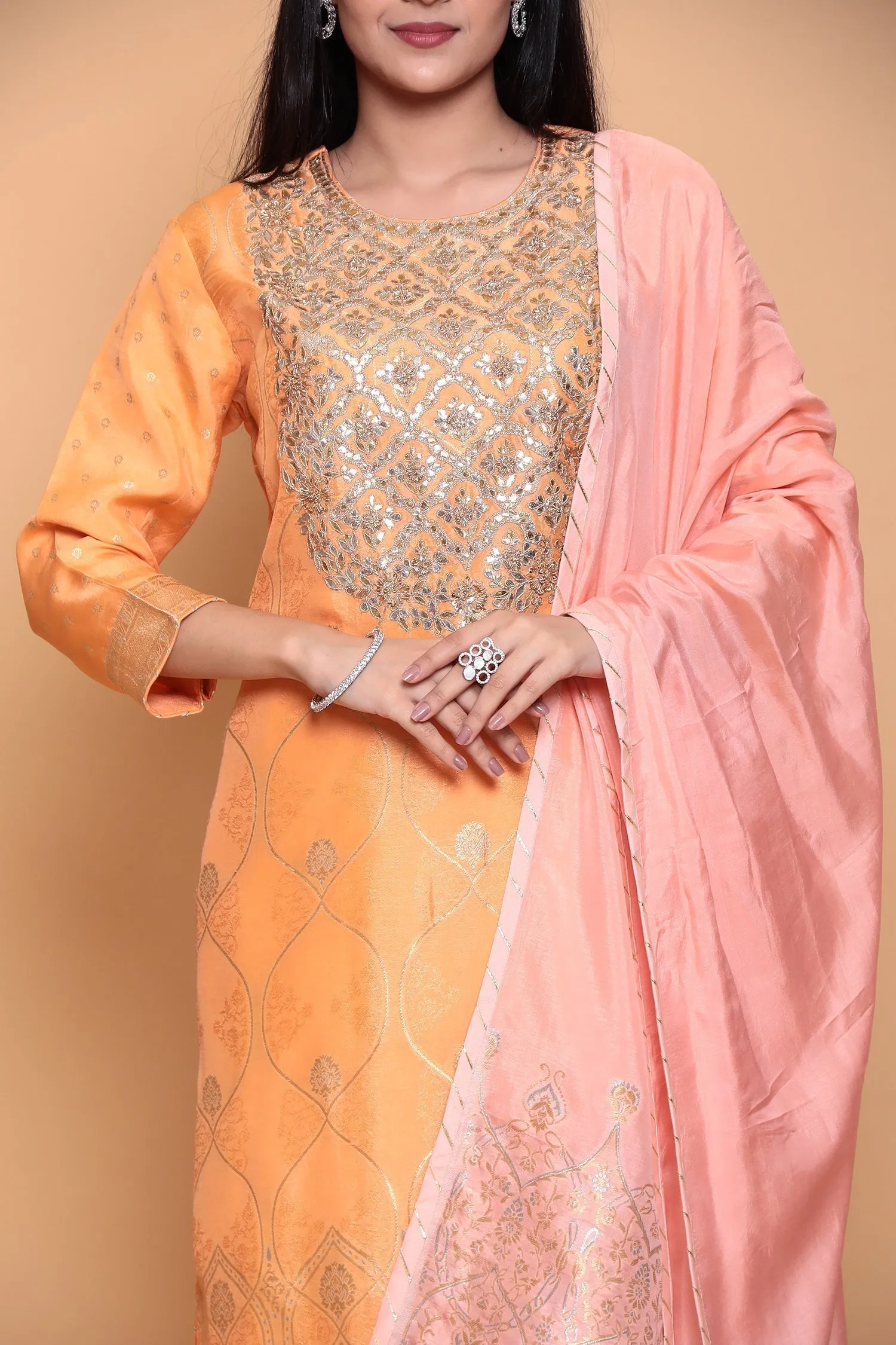 Banarasi Dola Silk Suit with Gota, Zari work.