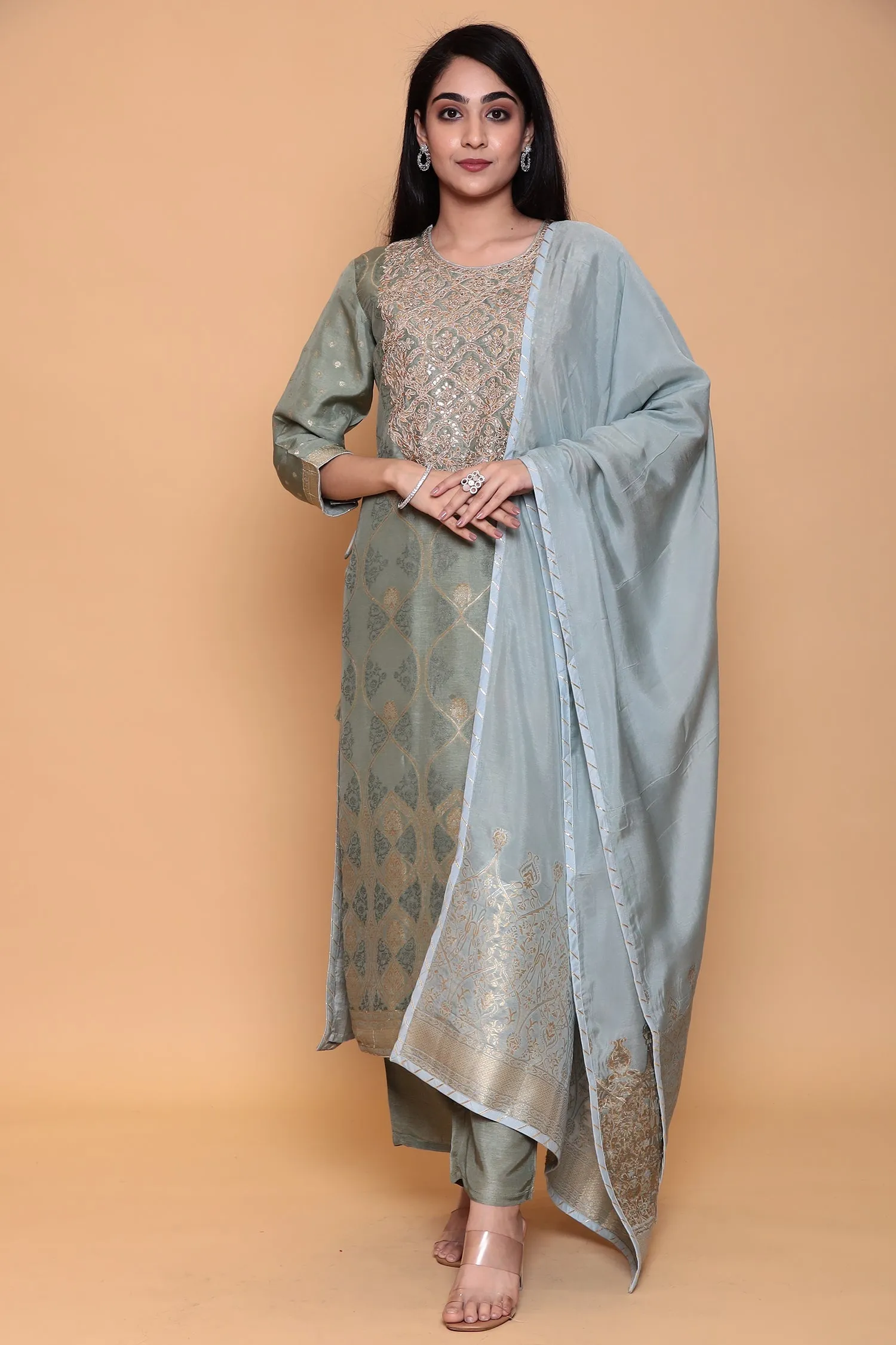 Banarasi Dola Silk Suit with Gota, Zari work.