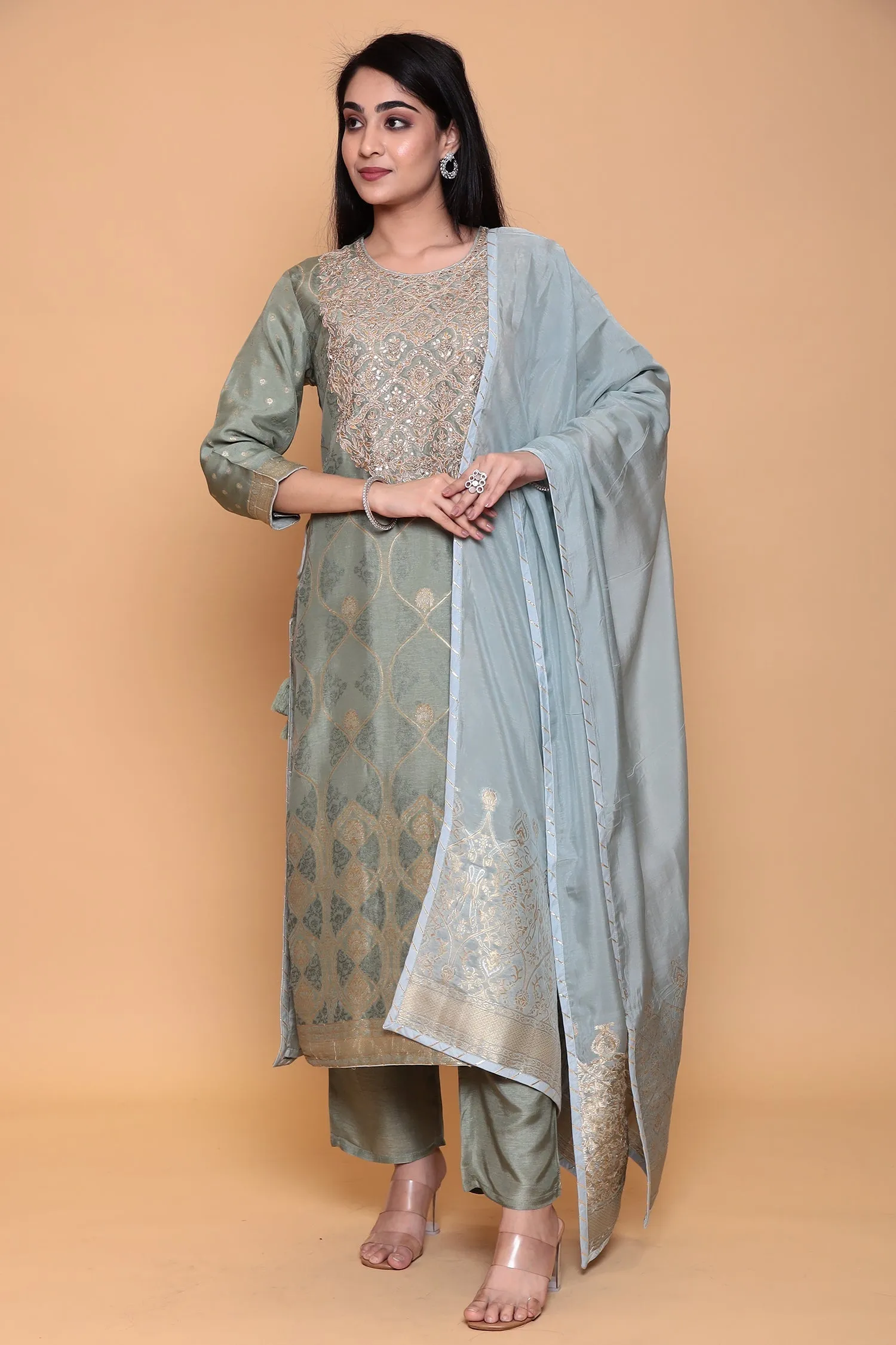 Banarasi Dola Silk Suit with Gota, Zari work.