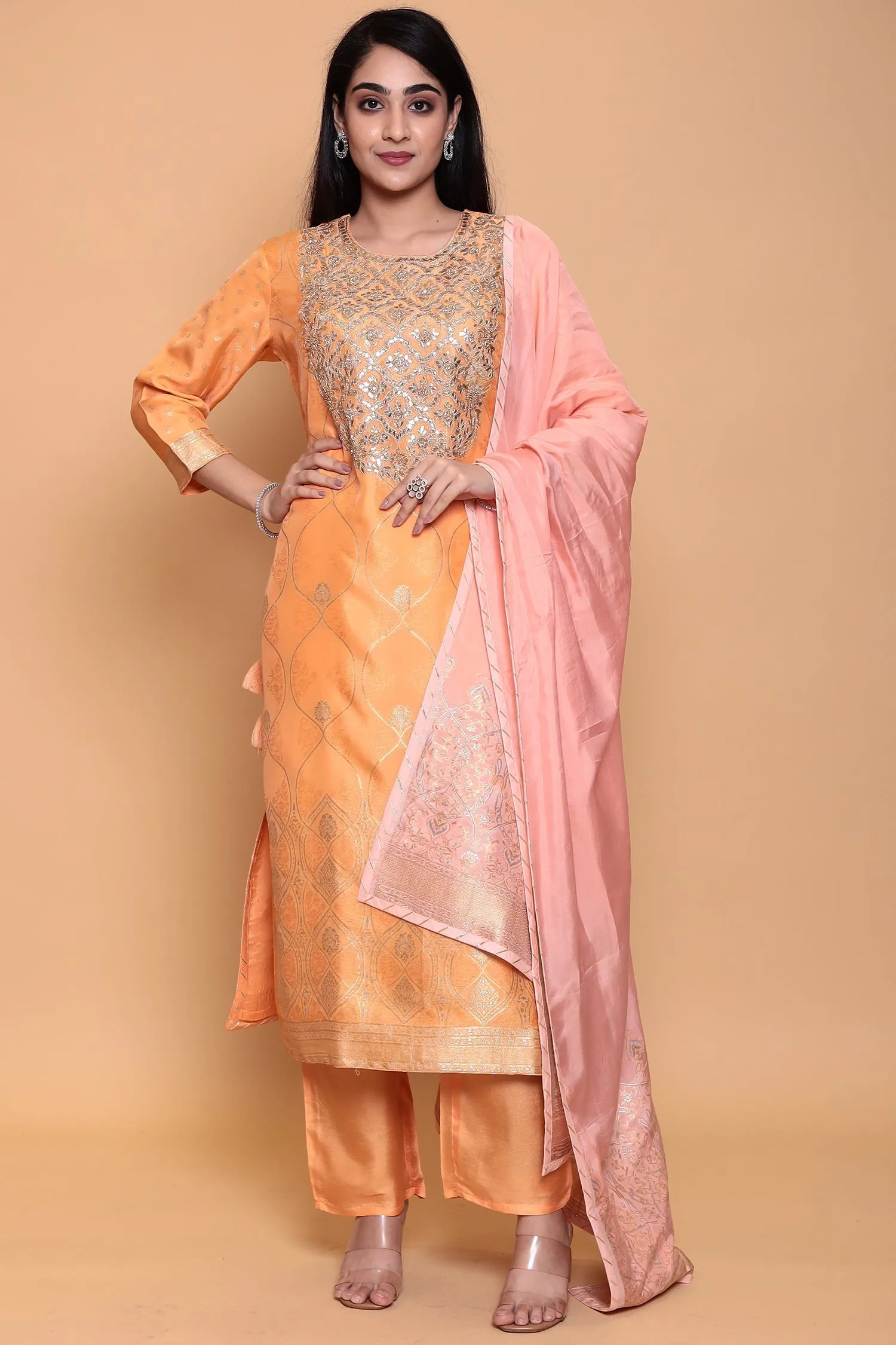 Banarasi Dola Silk Suit with Gota, Zari work.