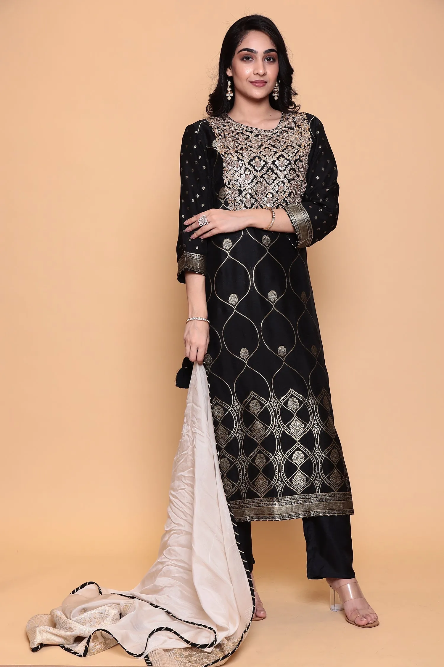 Banarasi Dola Silk Suit with Gota, Zari work.