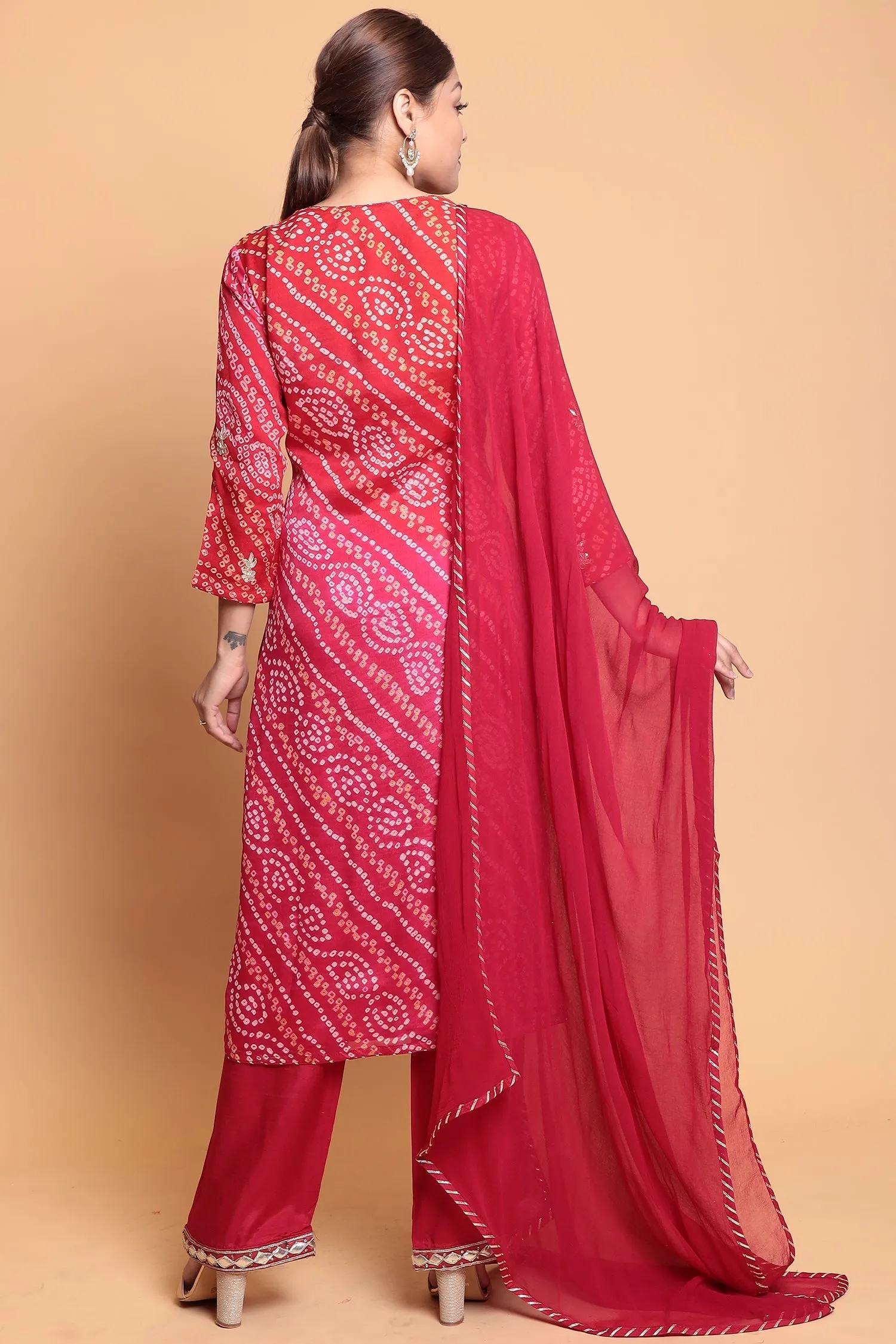 Bandhej Chinnon Silk Suit with Gota Patti work.