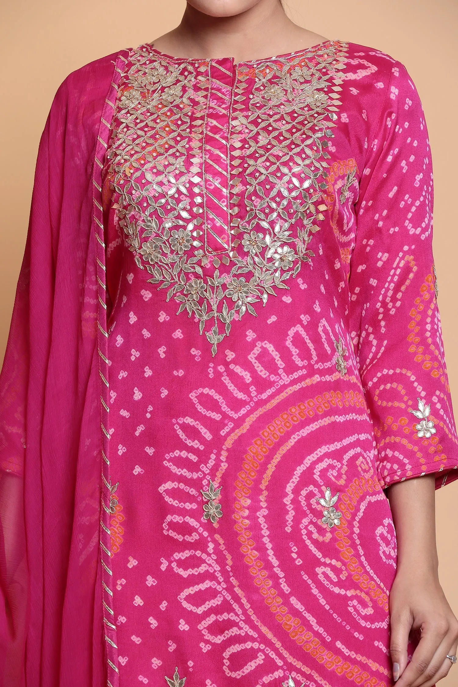 Bandhej Chinnon Silk Suit with Gota Patti work.