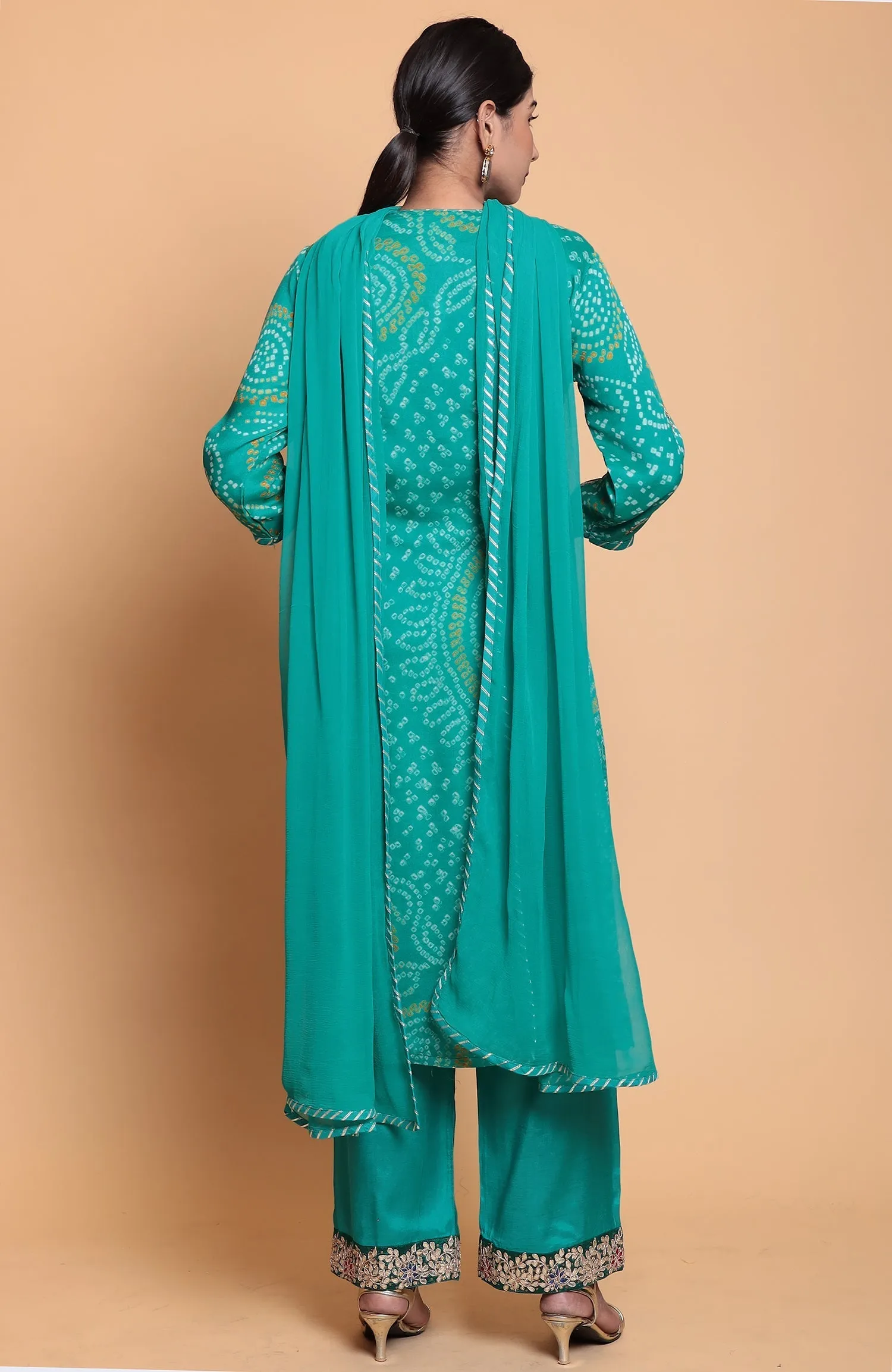 Bandhej Chinnon Silk Suit with Gota Patti work.