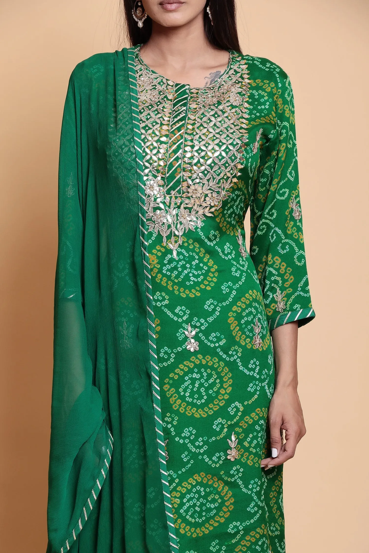 Bandhej Chinnon Silk Suit with Gota Patti work.