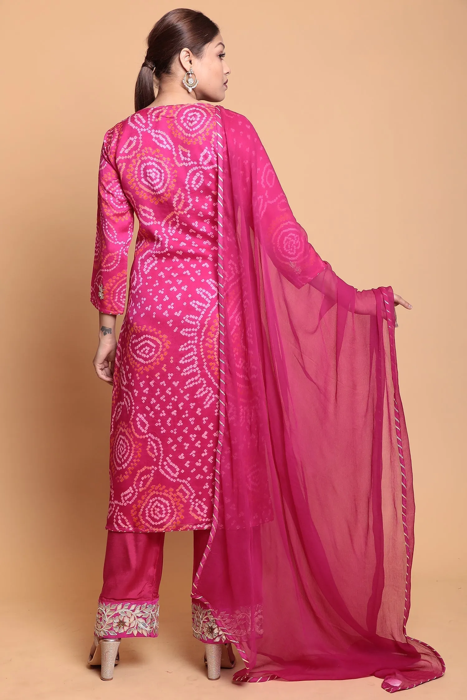 Bandhej Chinnon Silk Suit with Gota Patti work.