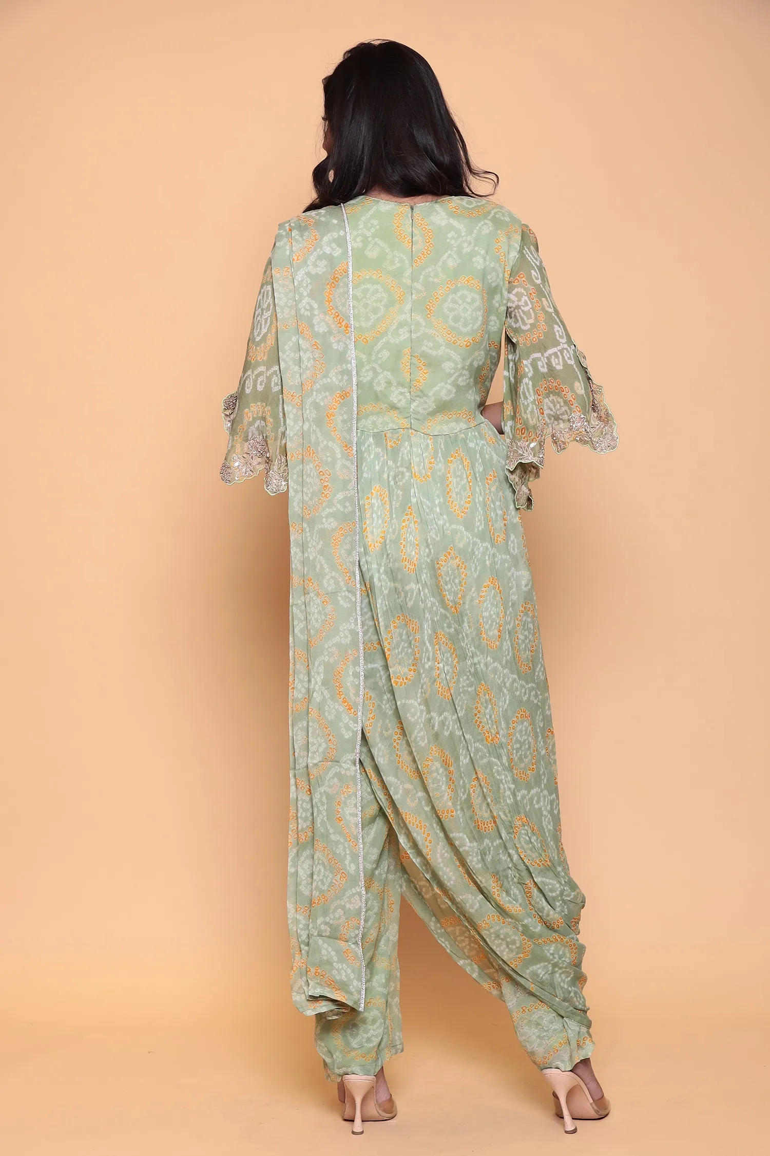 Bandhej Georgette Jump Suit with Gota Patti work.