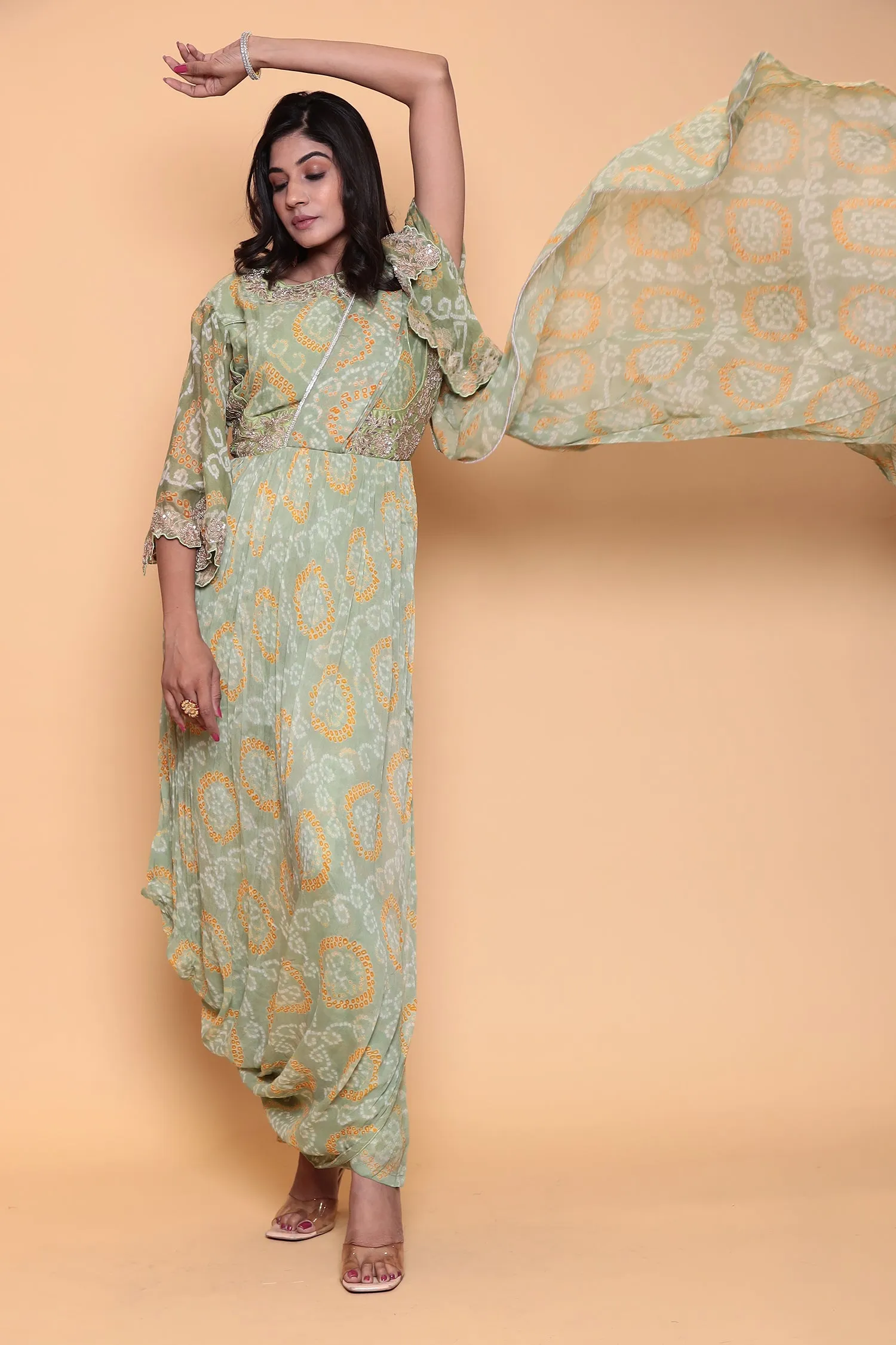 Bandhej Georgette Jump Suit with Gota Patti work.