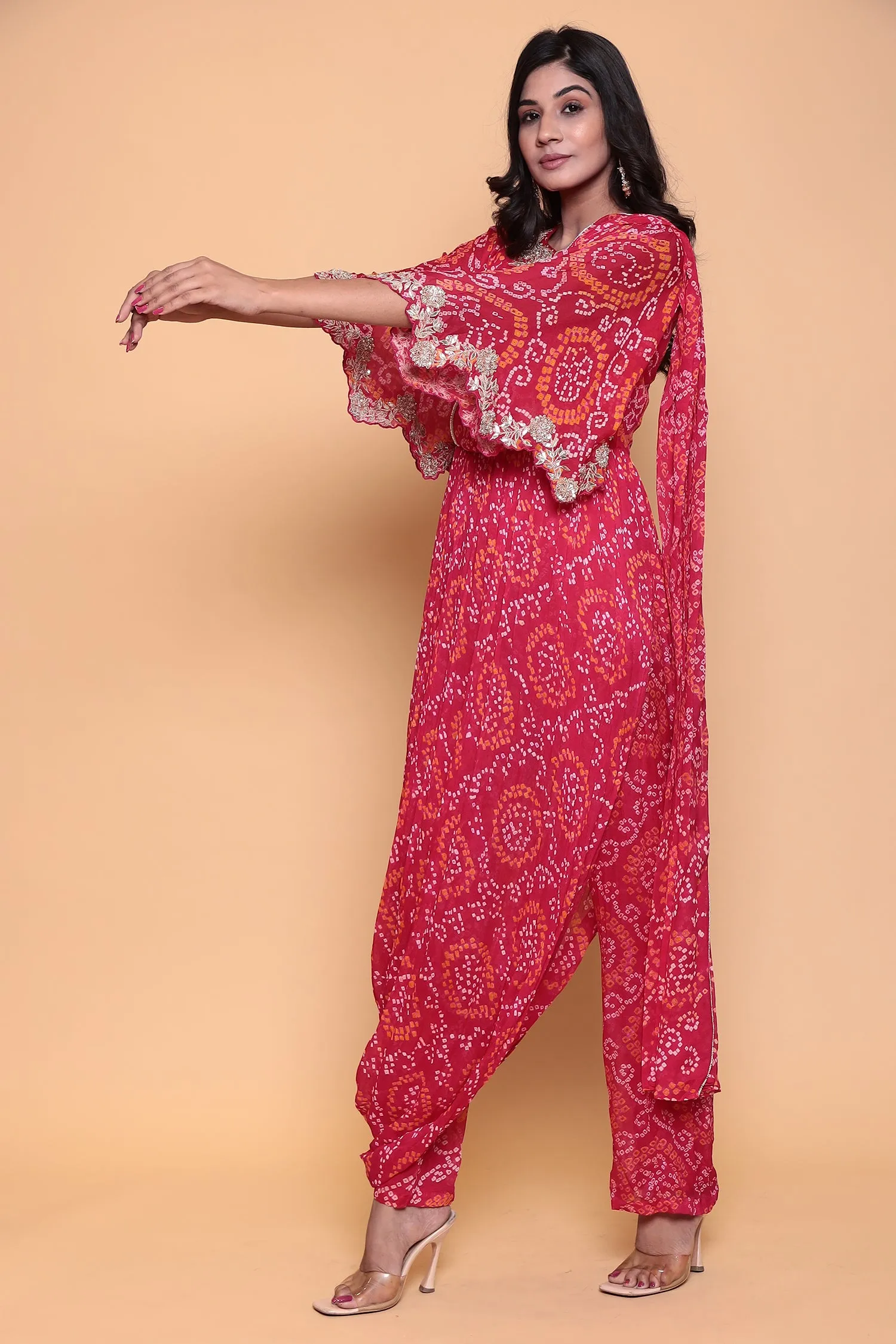 Bandhej Georgette Jump Suit with Gota Patti work.