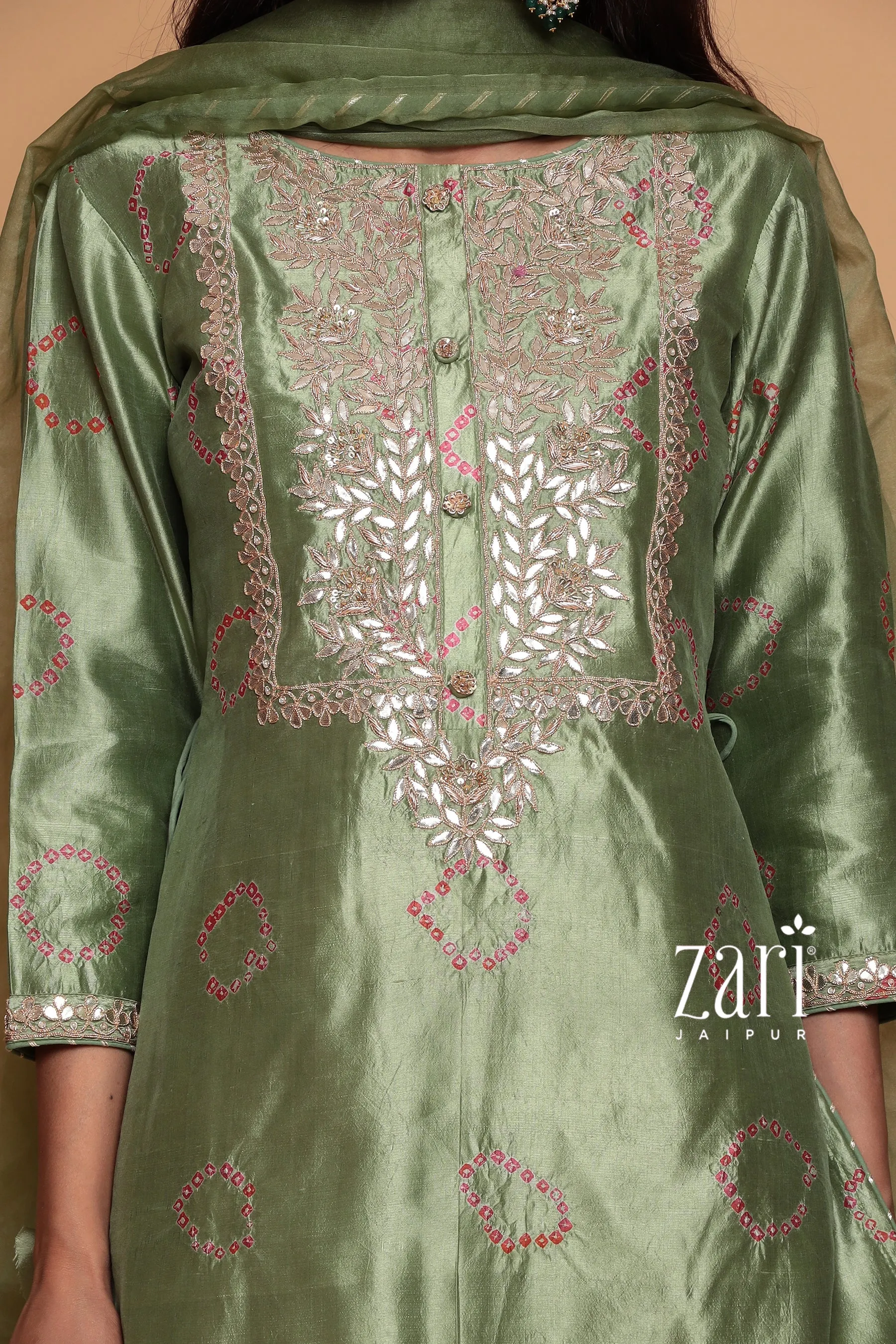 Bandhej Silk Suit with Dori, Gota Patti, Pearl, Sequins, Zardozi work.