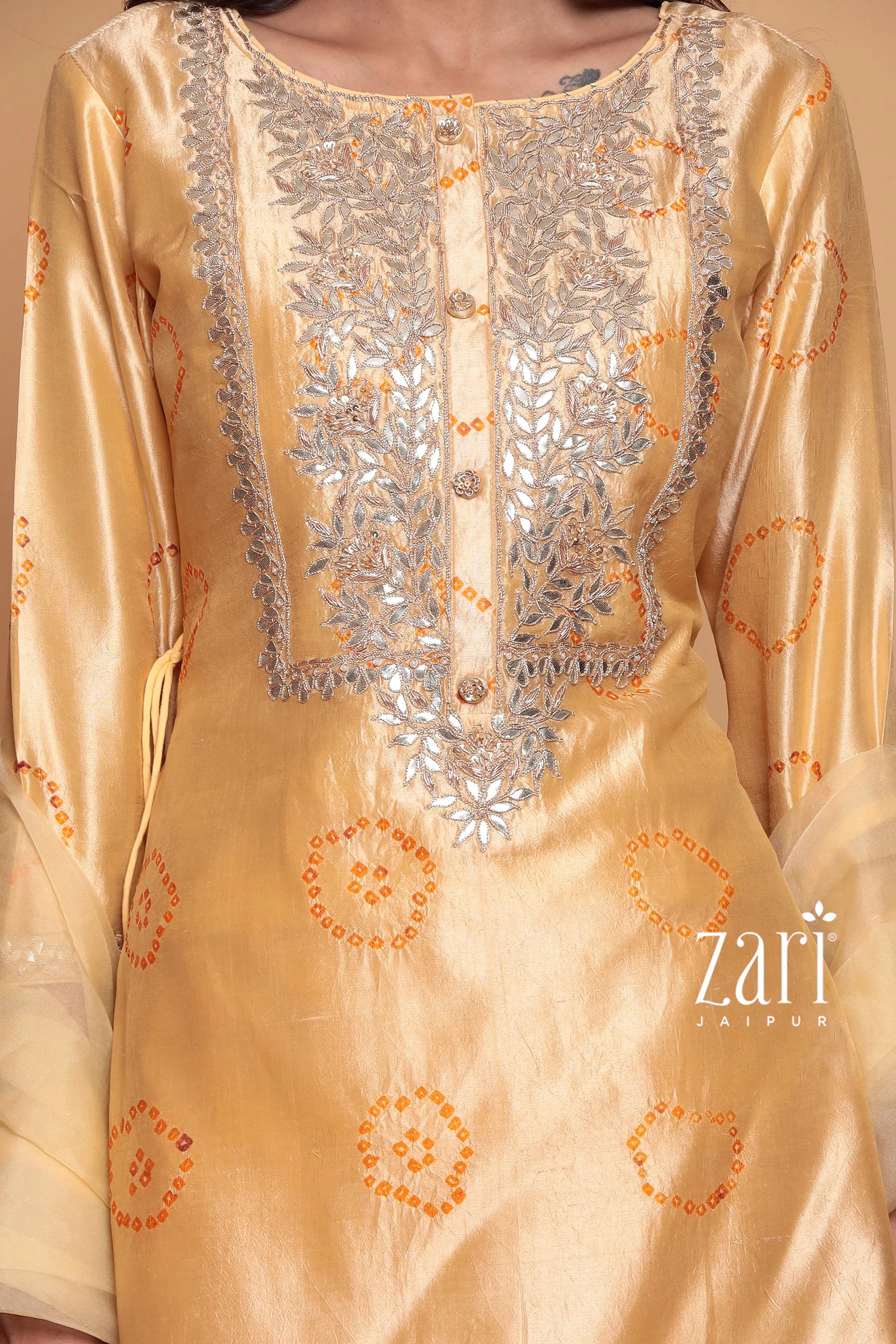 Bandhej Silk Suit with Dori, Gota Patti, Pearl, Sequins, Zardozi work.