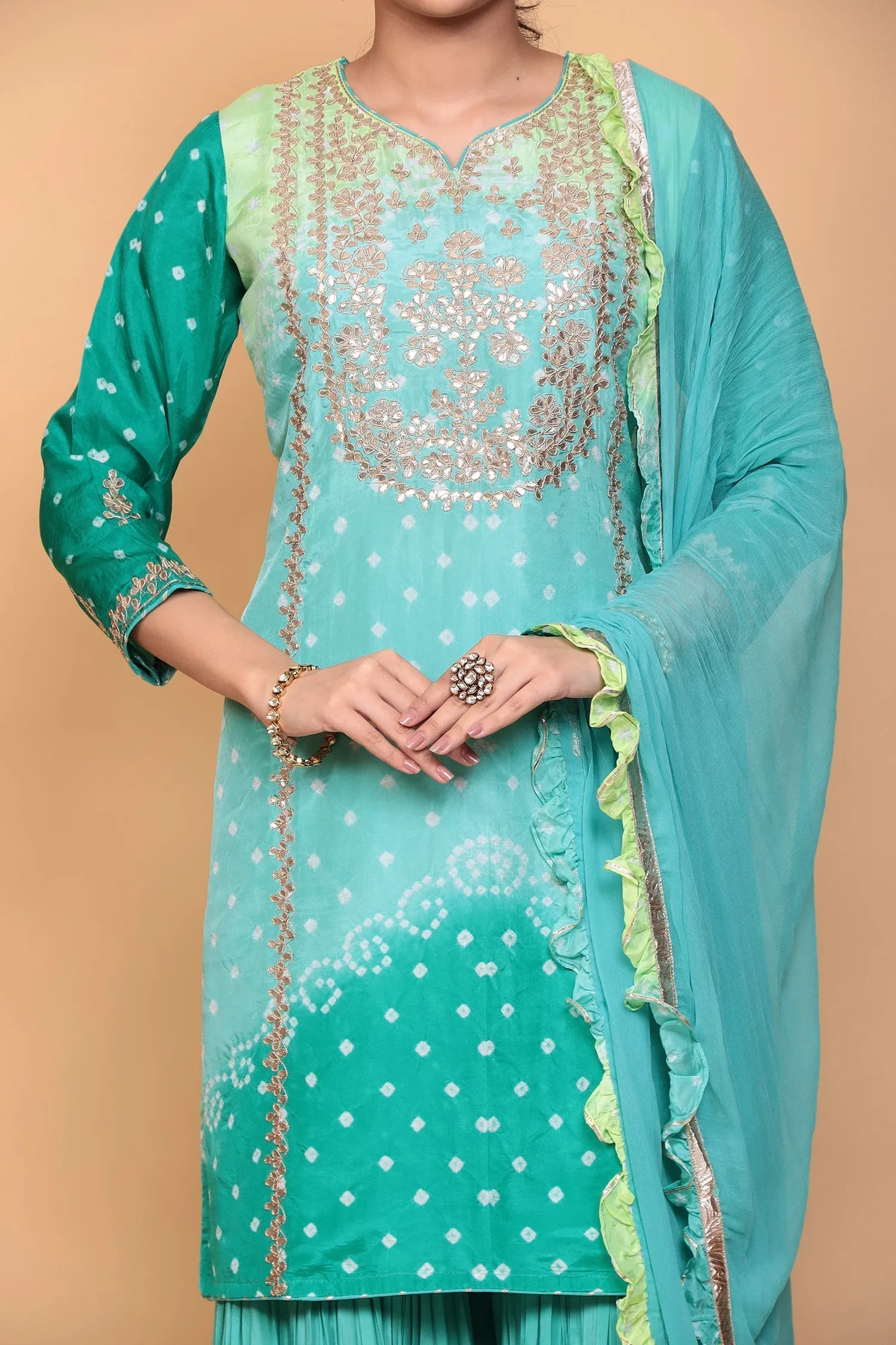 Bandhej Silk Suit with Dori, Gota Patti work.