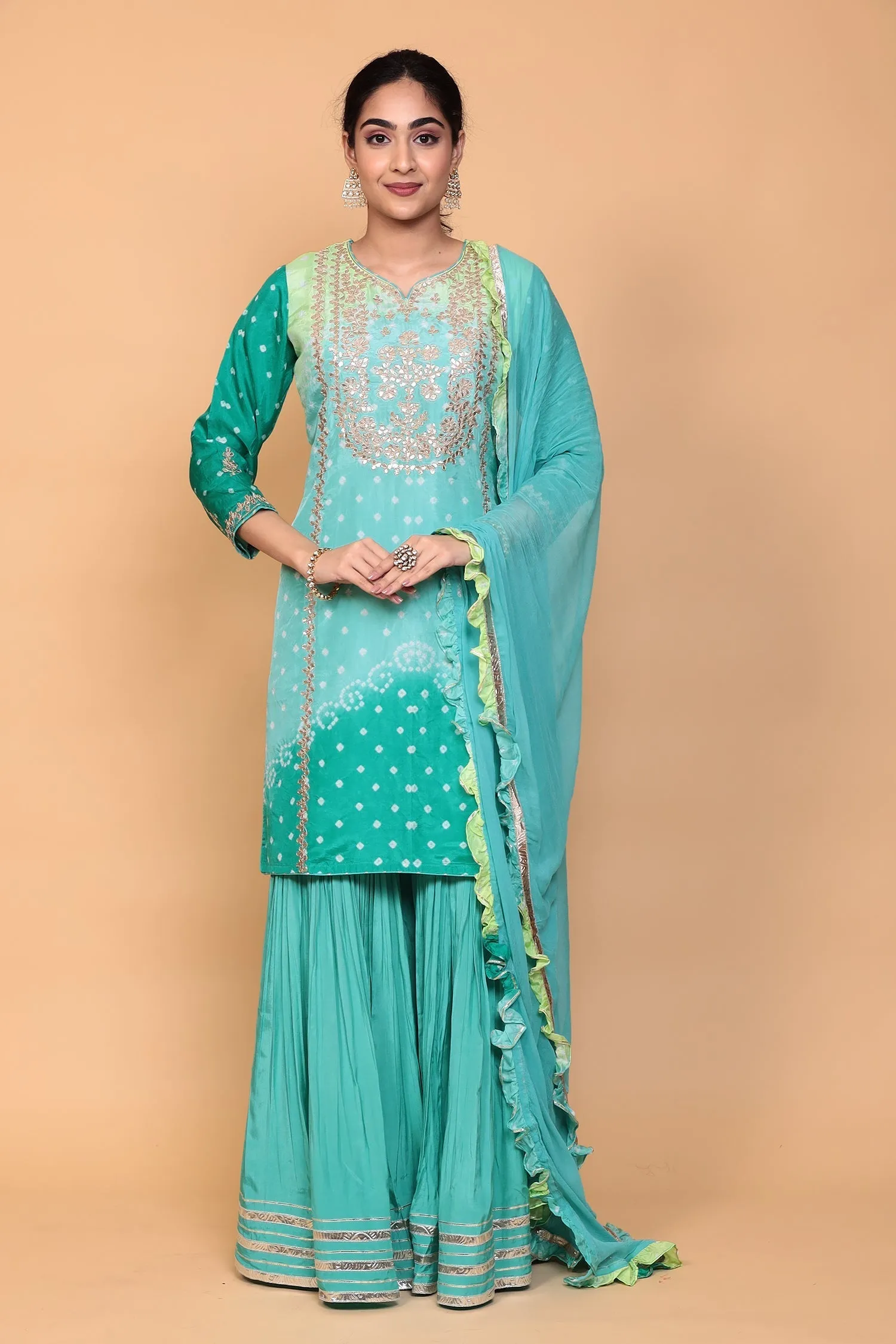 Bandhej Silk Suit with Dori, Gota Patti work.