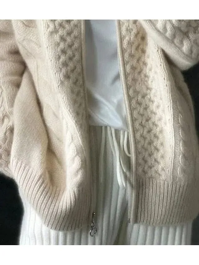 Beige Cable Knit Zippered Women's Sweater for Winter and Fall