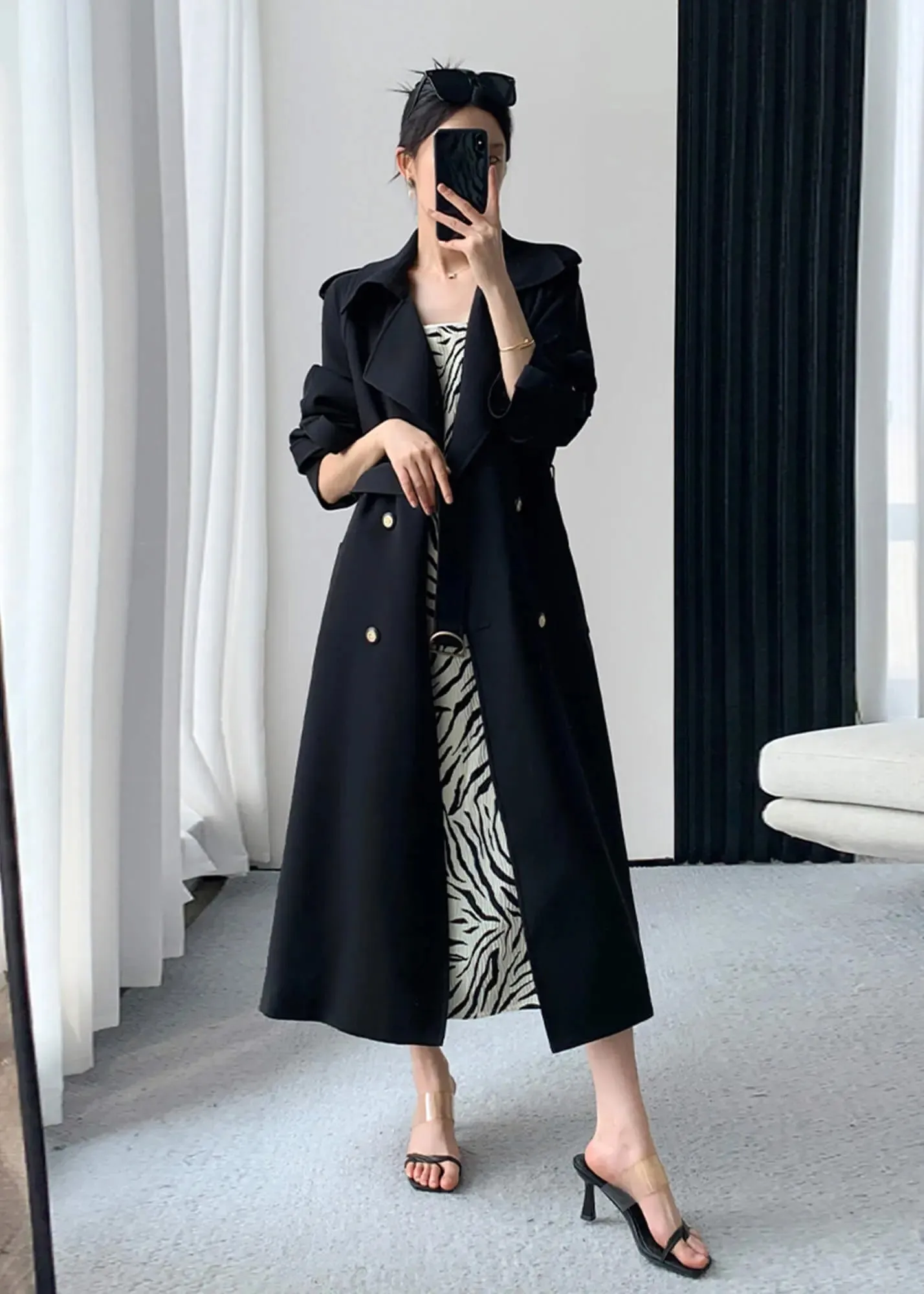 Black Double Breasted Long Trench Coat