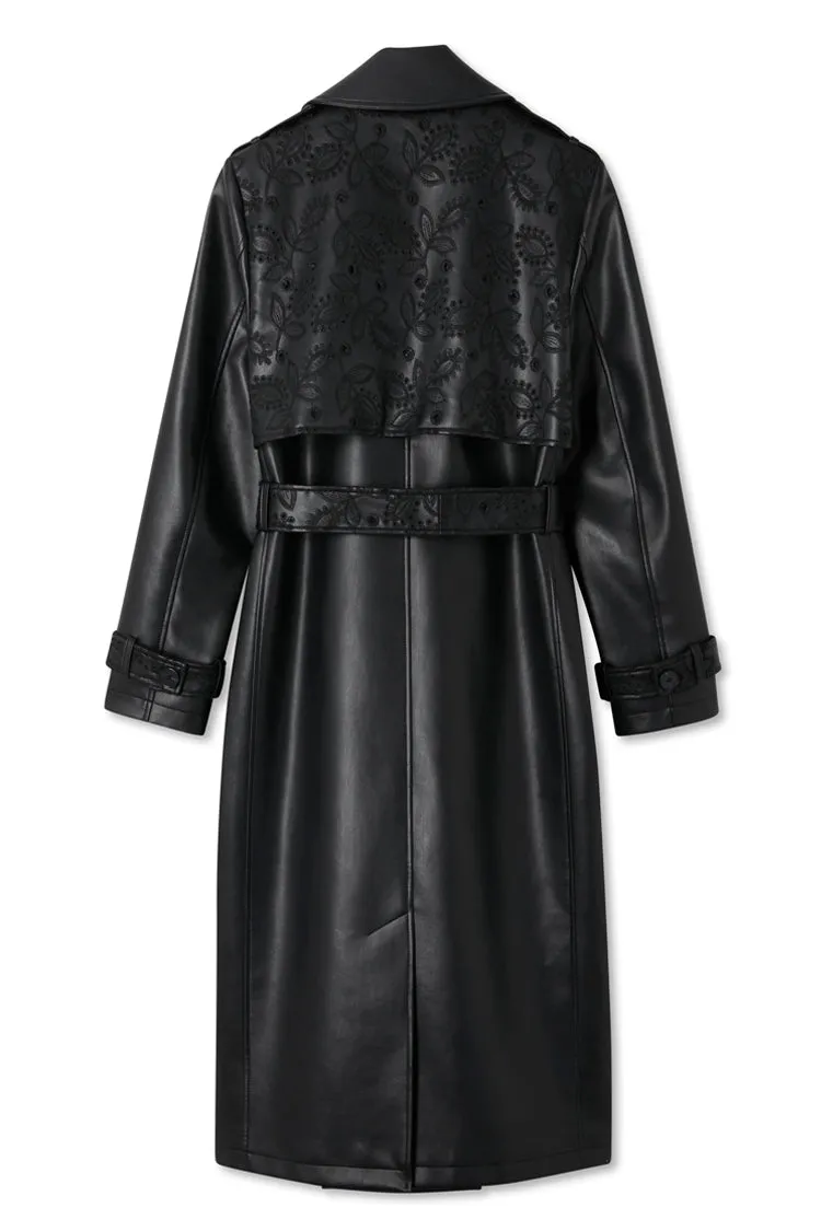 Black Embroidered Vegan Leather Trench Coat