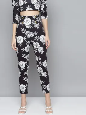 Black Floral Scuba Front Button High Waist Pants