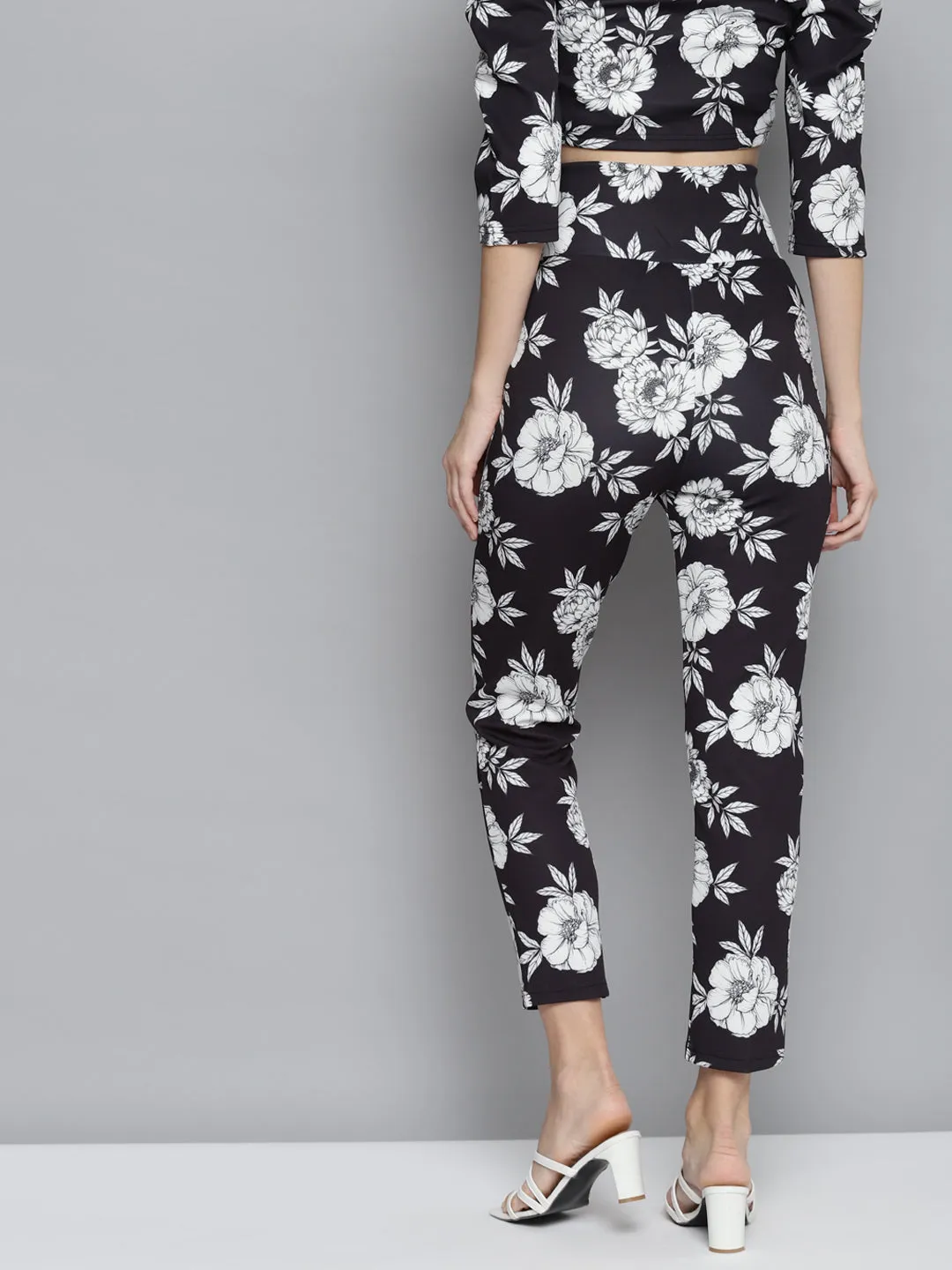 Black Floral Scuba Front Button High Waist Pants