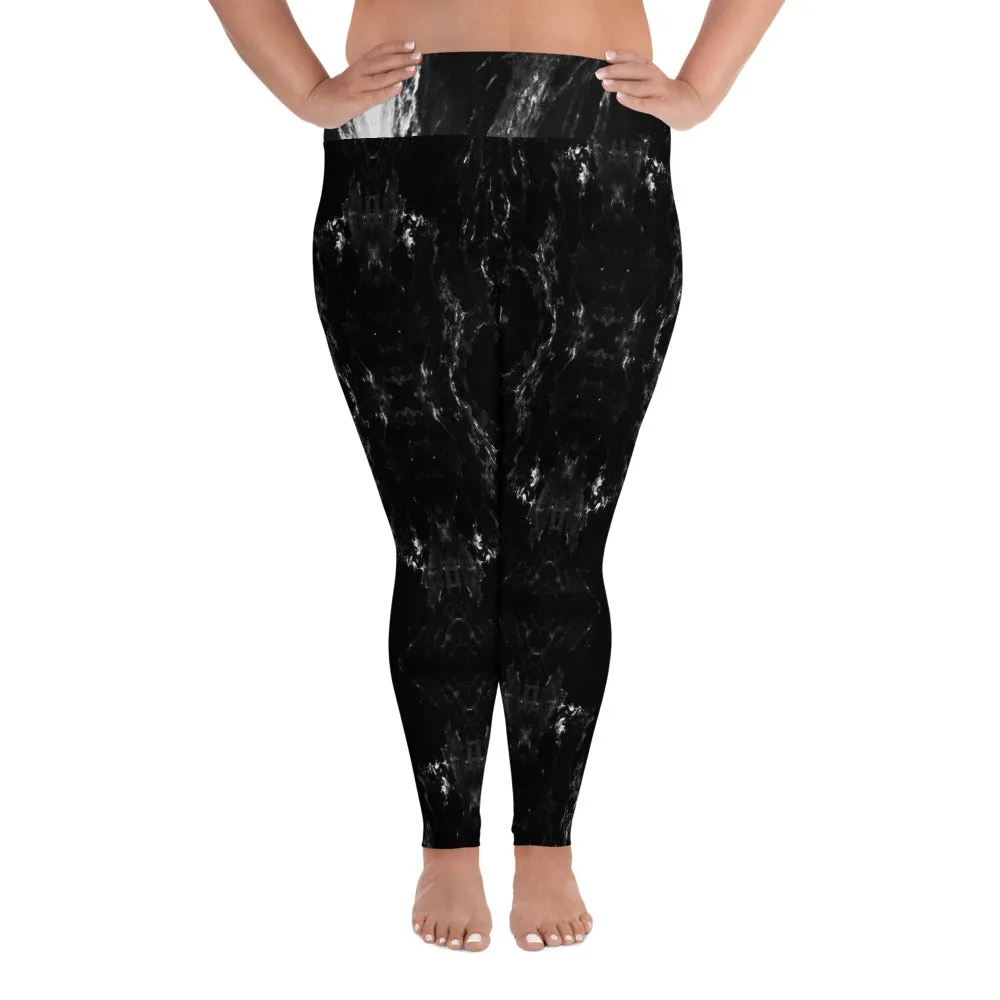 Black Marble Plus Size Leggings, Marbled Print Abstract Women's Yoga Pants-Made in USA/EU