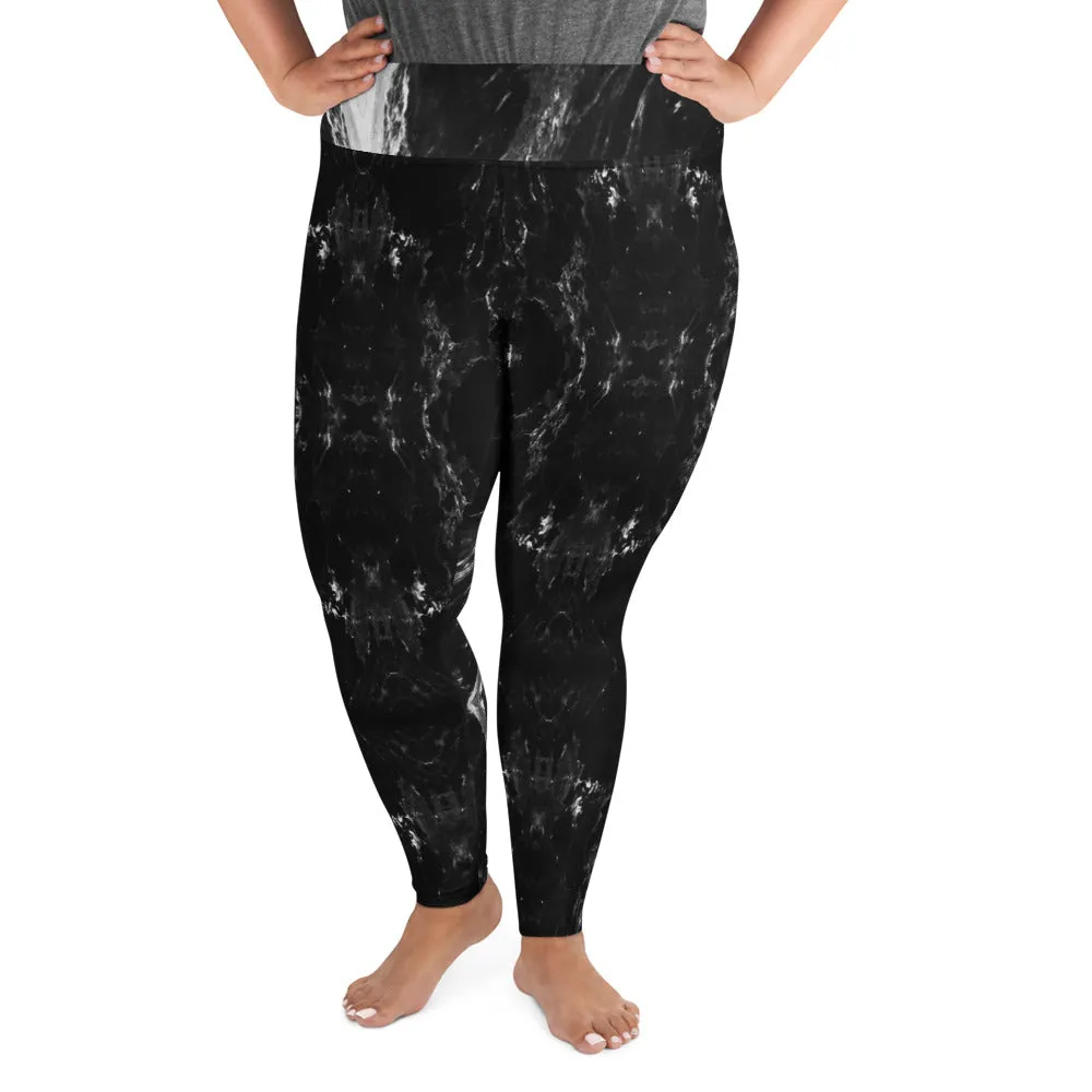 Black Marble Plus Size Leggings, Marbled Print Abstract Women's Yoga Pants-Made in USA/EU